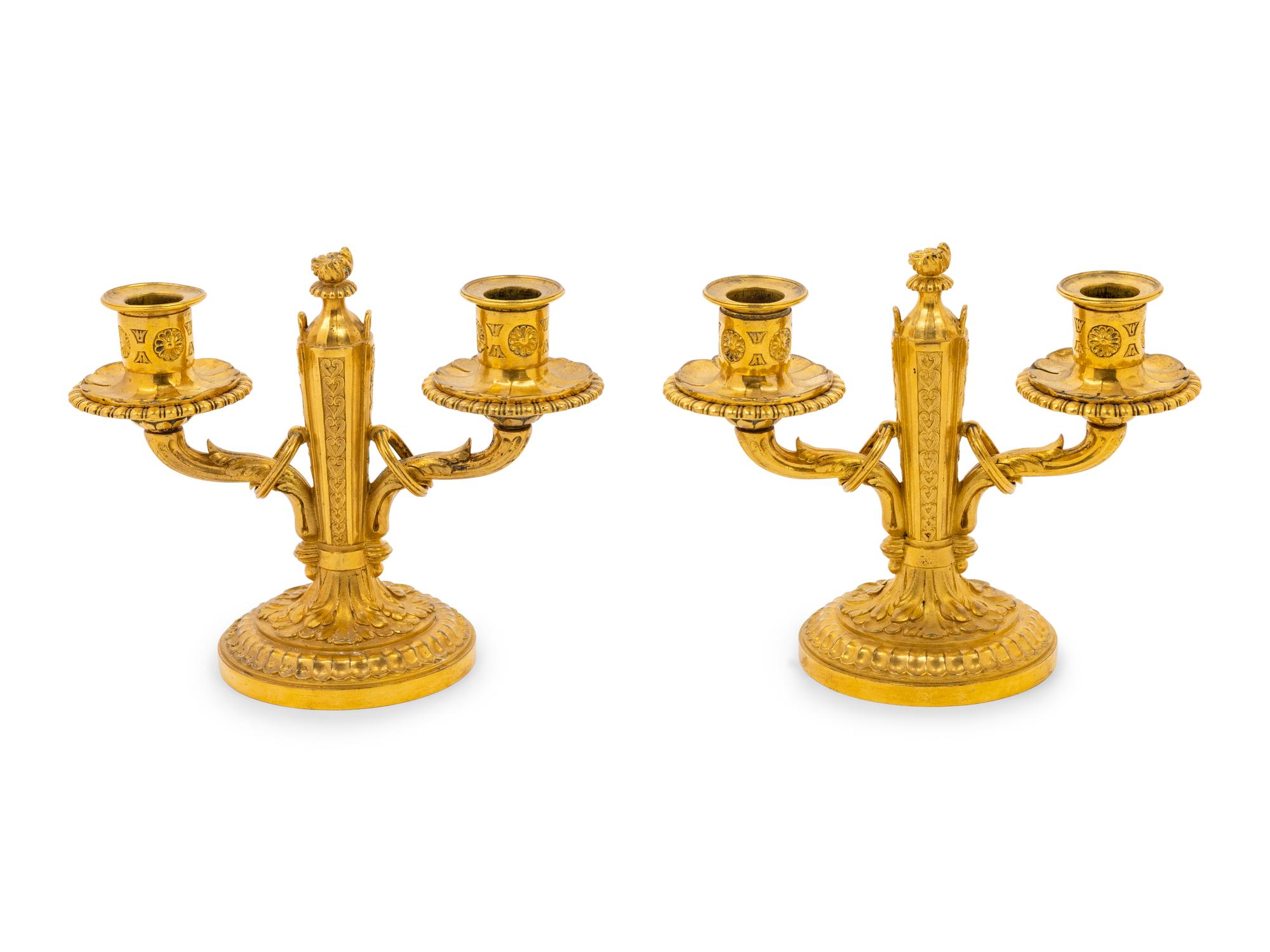 A Pair of Baltic Neoclassical Gilt Bronze Two-Light Candelabra