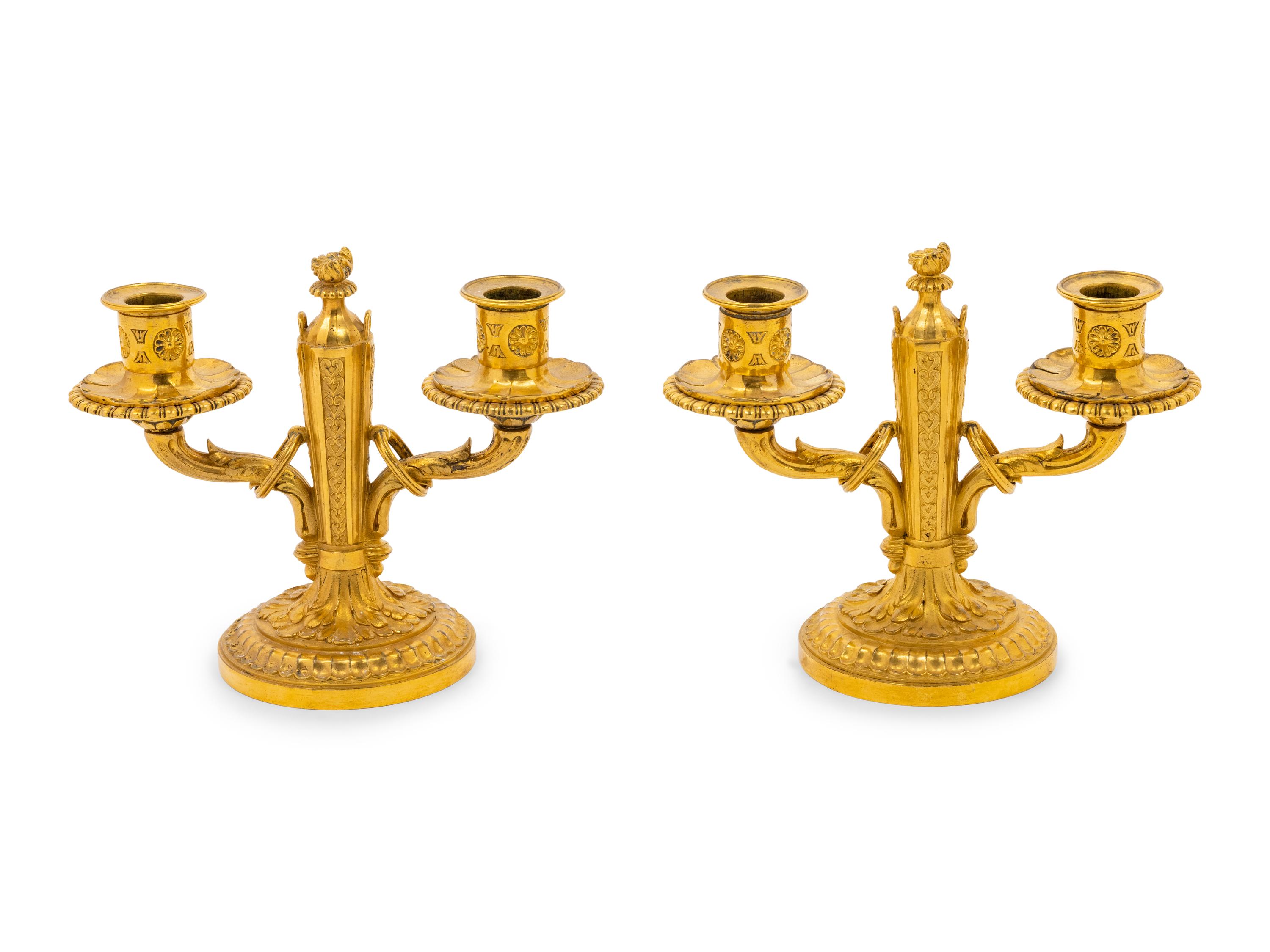 A Pair of Baltic Neoclassical Gilt Bronze Two-Light Candelabra