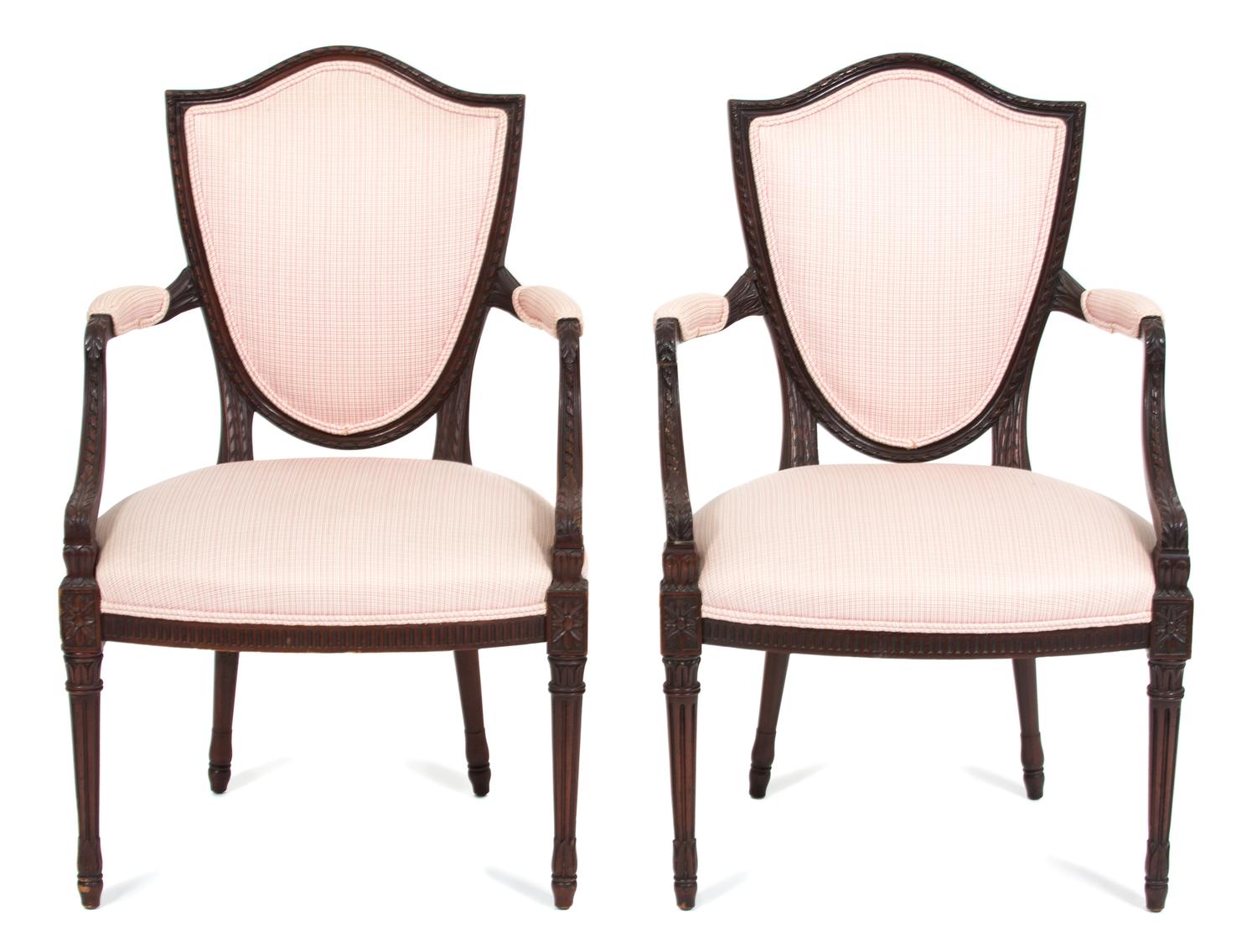 A Pair of Regency Style Shield Back Open Armchairs Height 36 1/4 inches. — 19TH CENTURY