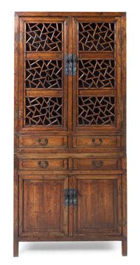 A Chinese Hardwood "Cracked Ice" Cabinet Height 80 5/8 x width 37 1/2 x depth 18 1/4 inches. — 20TH CENTURY