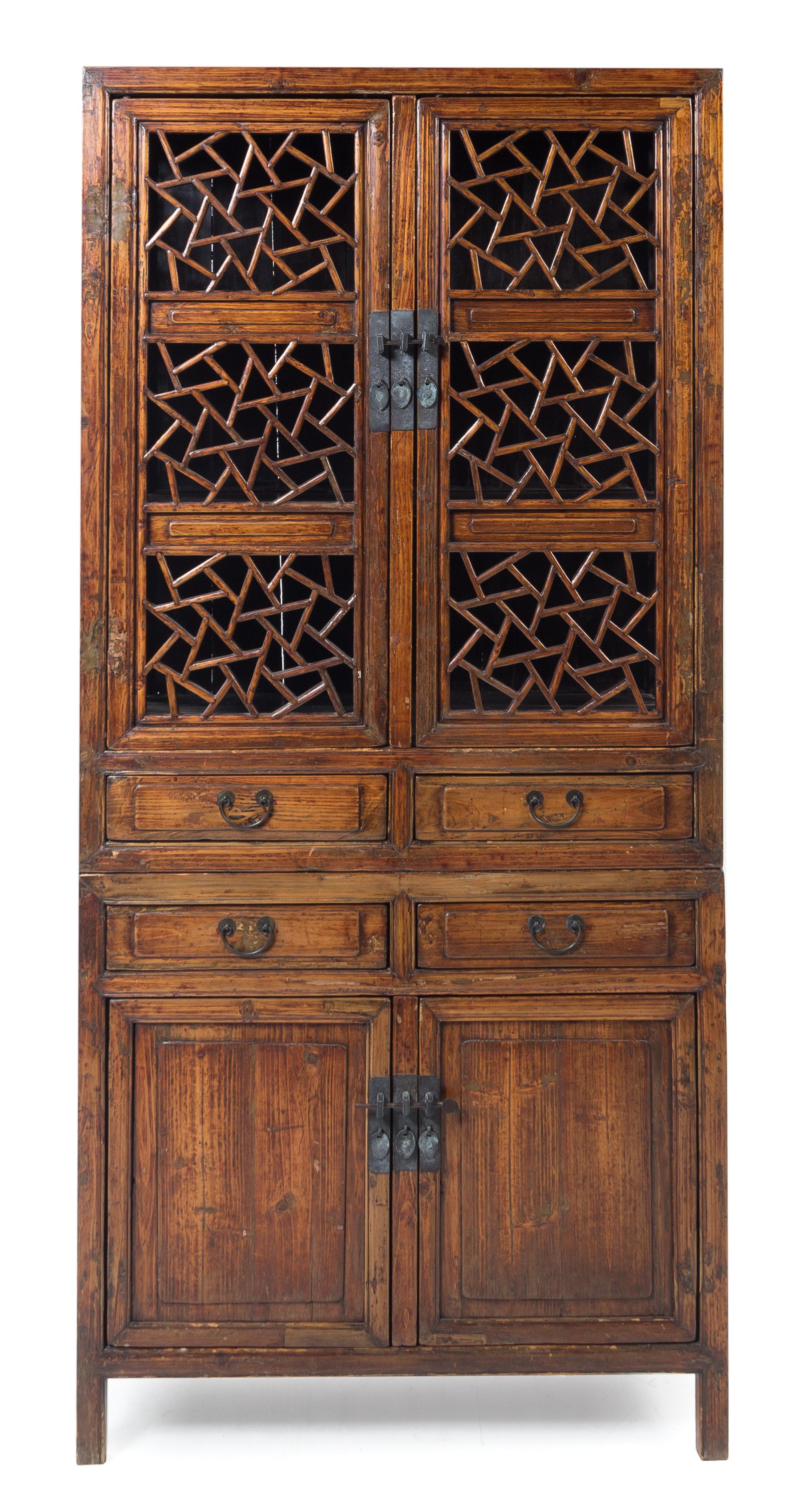 A Chinese Hardwood "Cracked Ice" Cabinet Height 80 5/8 x width 37 1/2 x depth 18 1/4 inches. — 20TH CENTURY