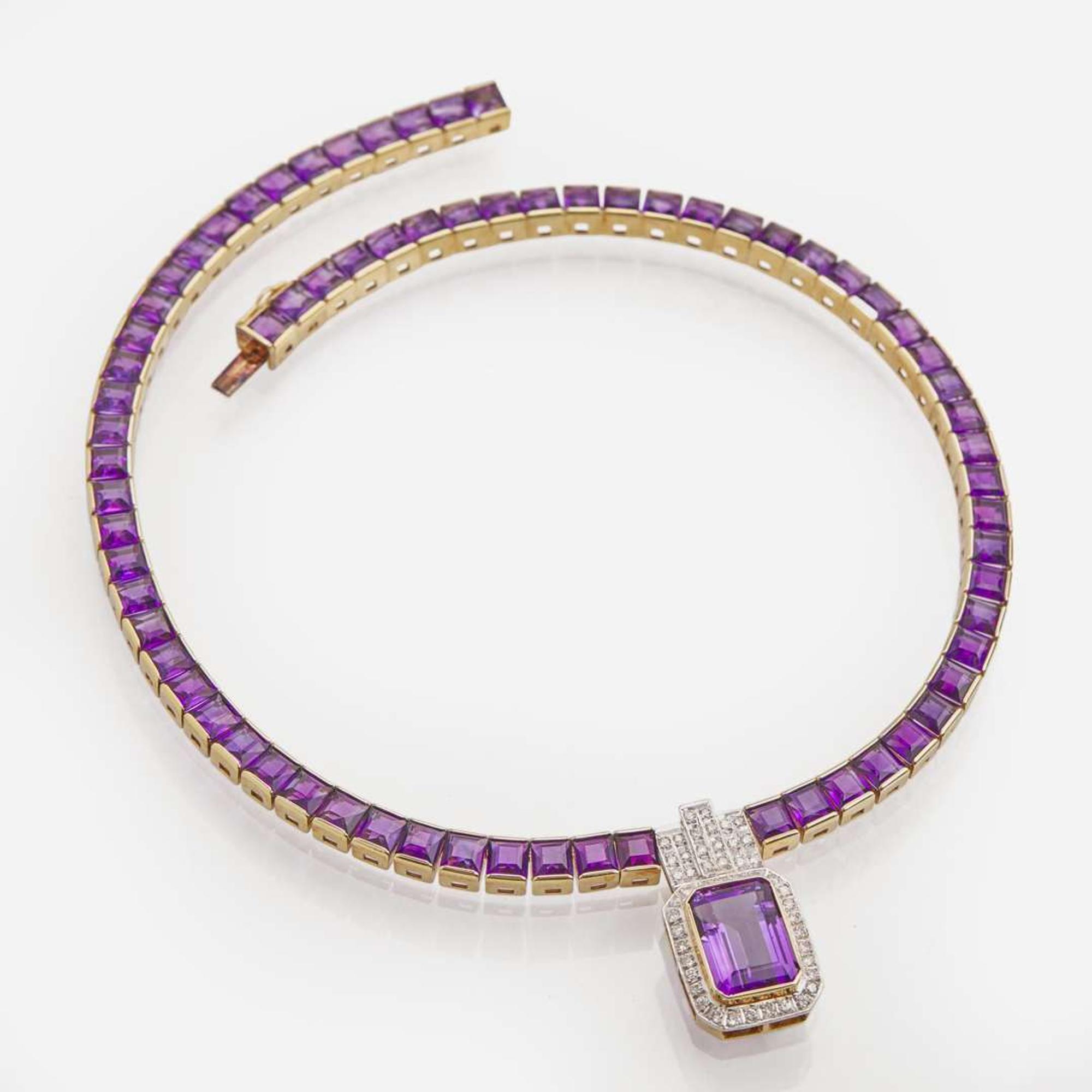 A 14K Yellow Gold, Amethyst, and Diamond Necklace