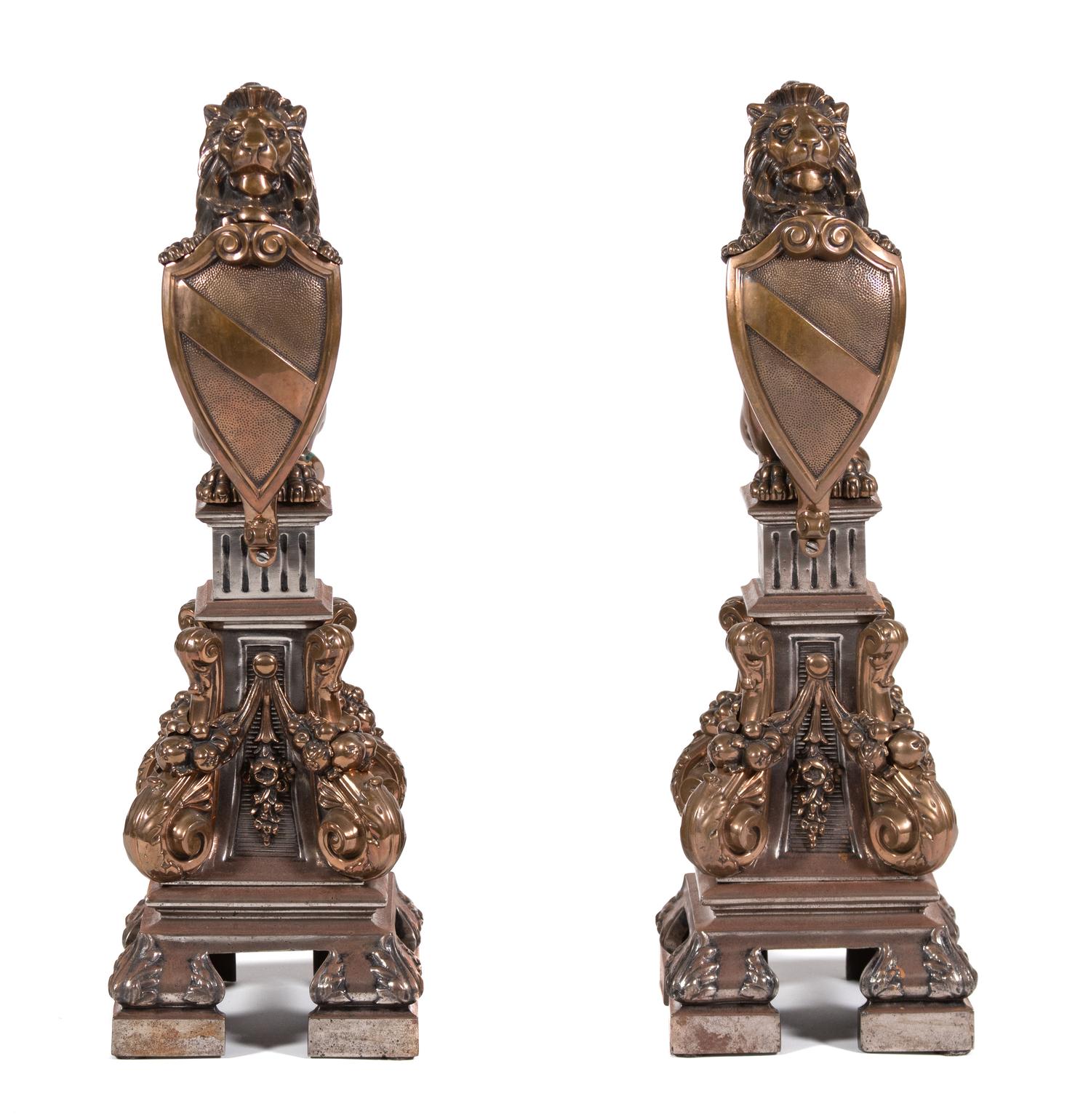 A Pair of Bronze Figures of Heraldic Lions