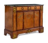 A Louis XVI Style Gilt Bronze Mounted Marquetry Marble-Top Cabinet