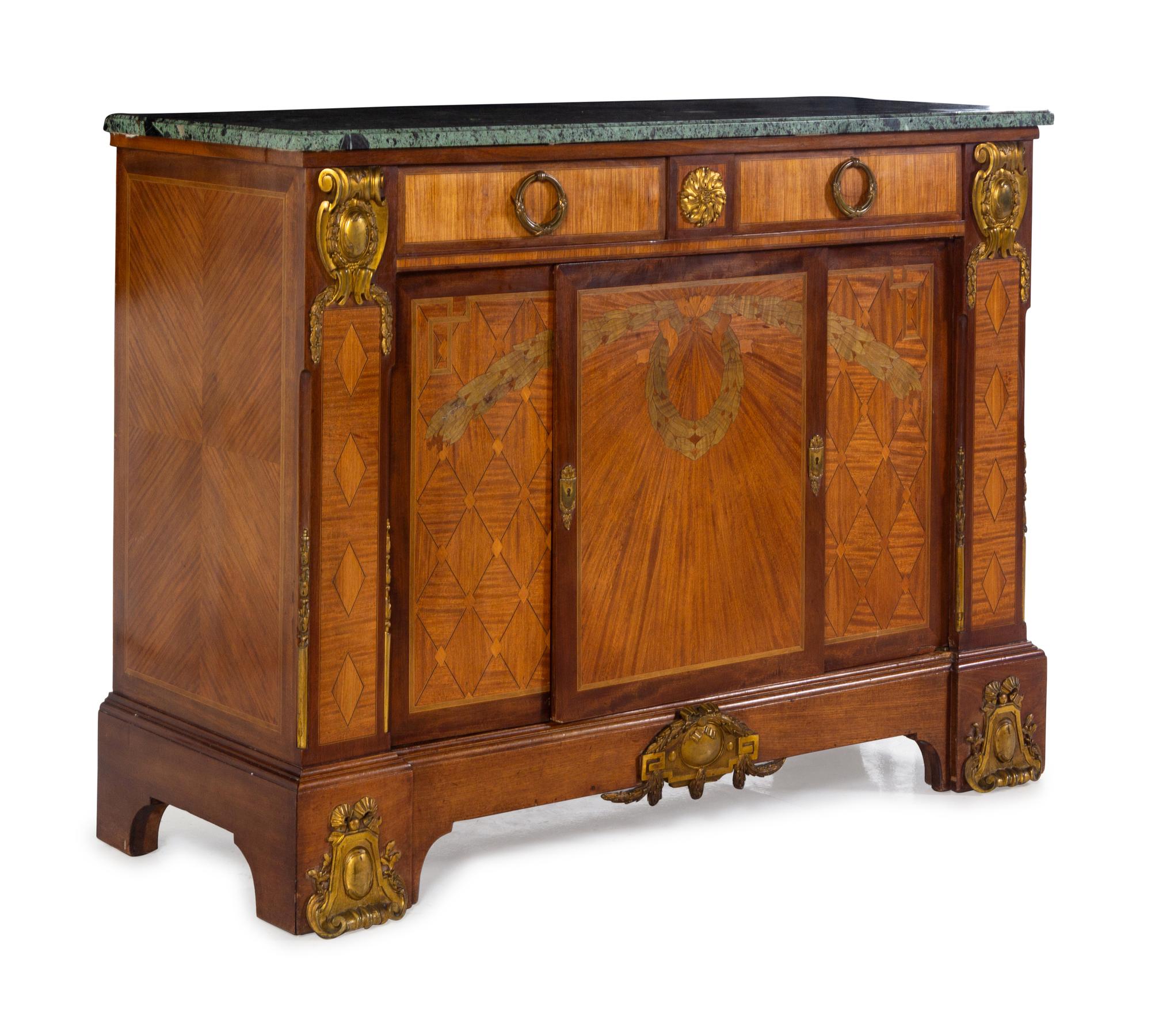 A Louis XVI Style Gilt Bronze Mounted Marquetry Marble-Top Cabinet