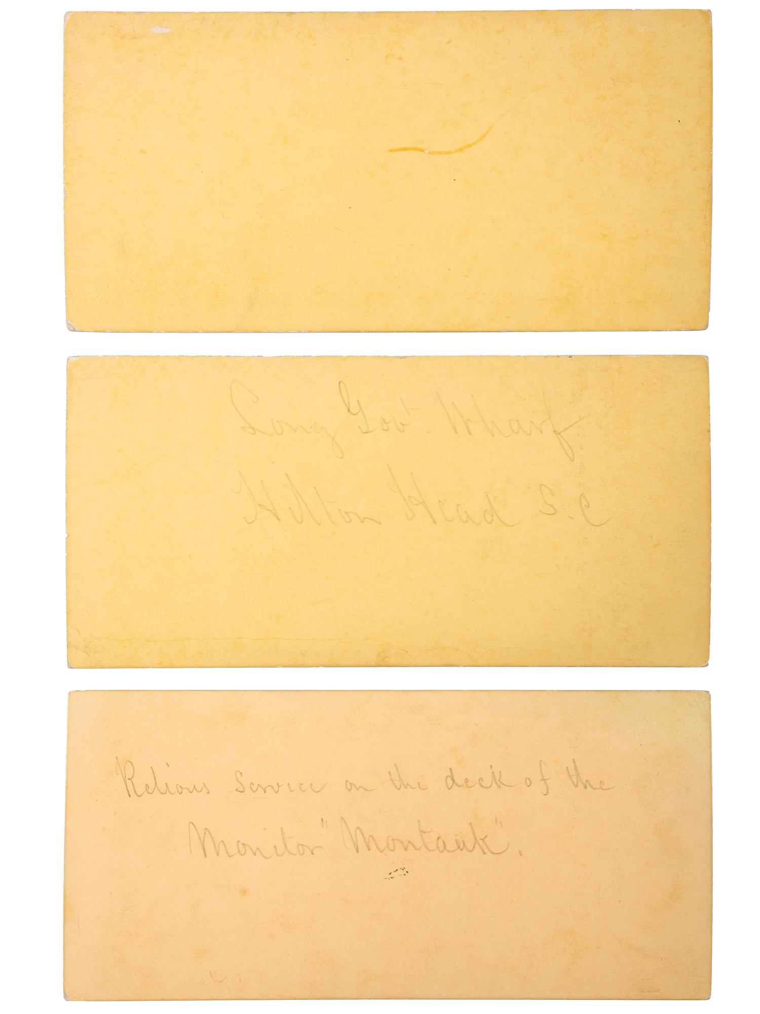 [CIVIL WAR]. COOLEY, Sam A., photographer. A group of 3 stereoviews of deck scenes, highlighted by religious service aboard the Monitor Montauk .