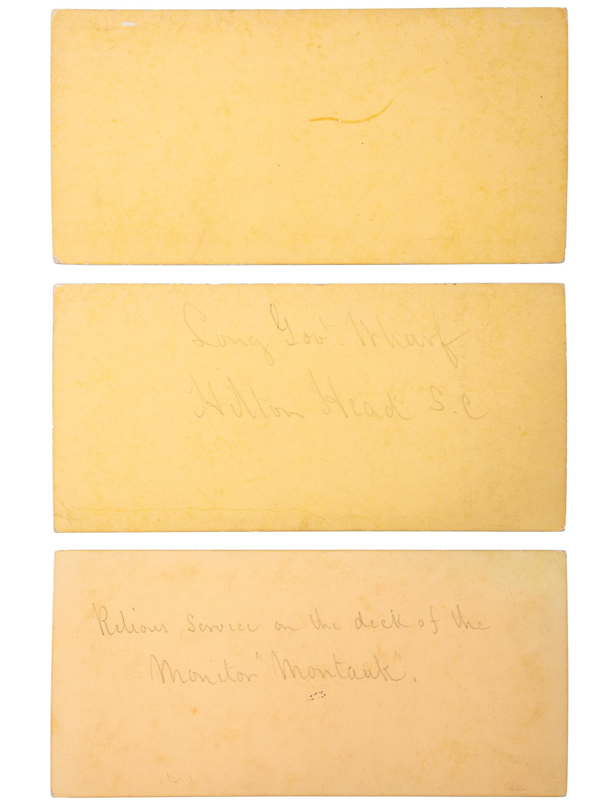 [CIVIL WAR]. COOLEY, Sam A., photographer. A group of 3 stereoviews of deck scenes, highlighted by religious service aboard the Monitor Montauk .