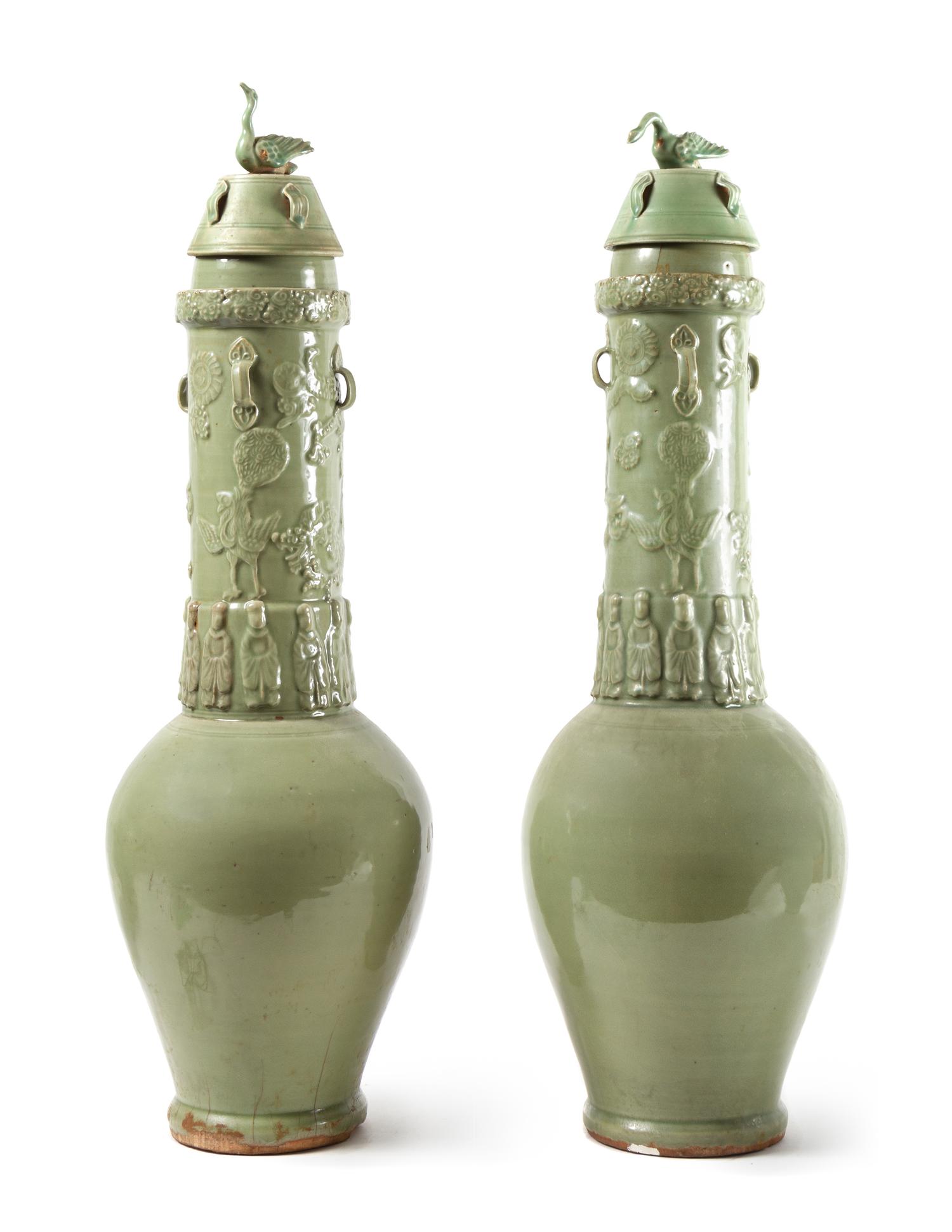 A Pair of Longquan Celadon Glazed Porcelain Funerary Urns and Covers Hight 33 inches. — SONG DYNASTY (960-1279)
