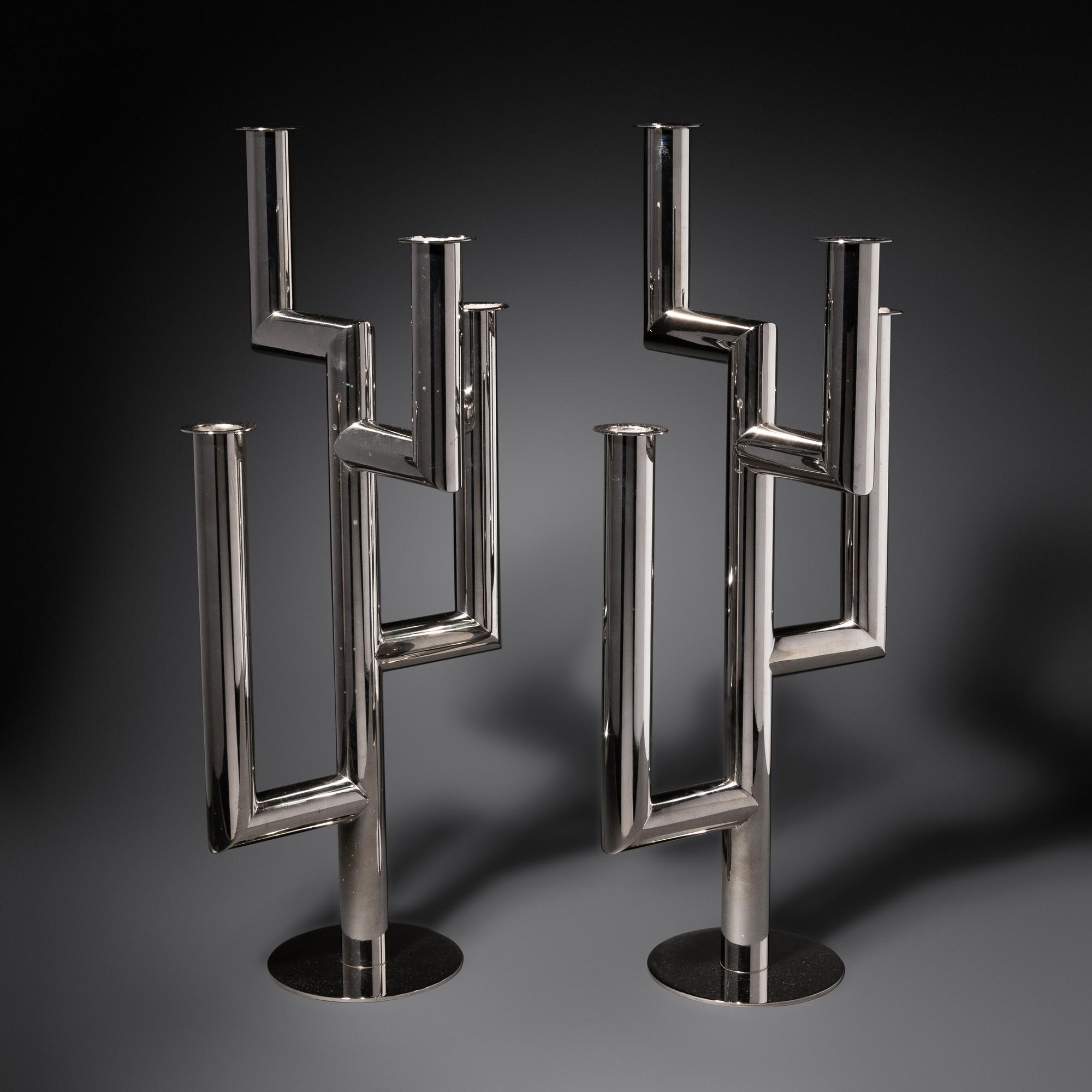 Pair of Chromed Metal Four-Light Candelabra, c. 1925 Austria