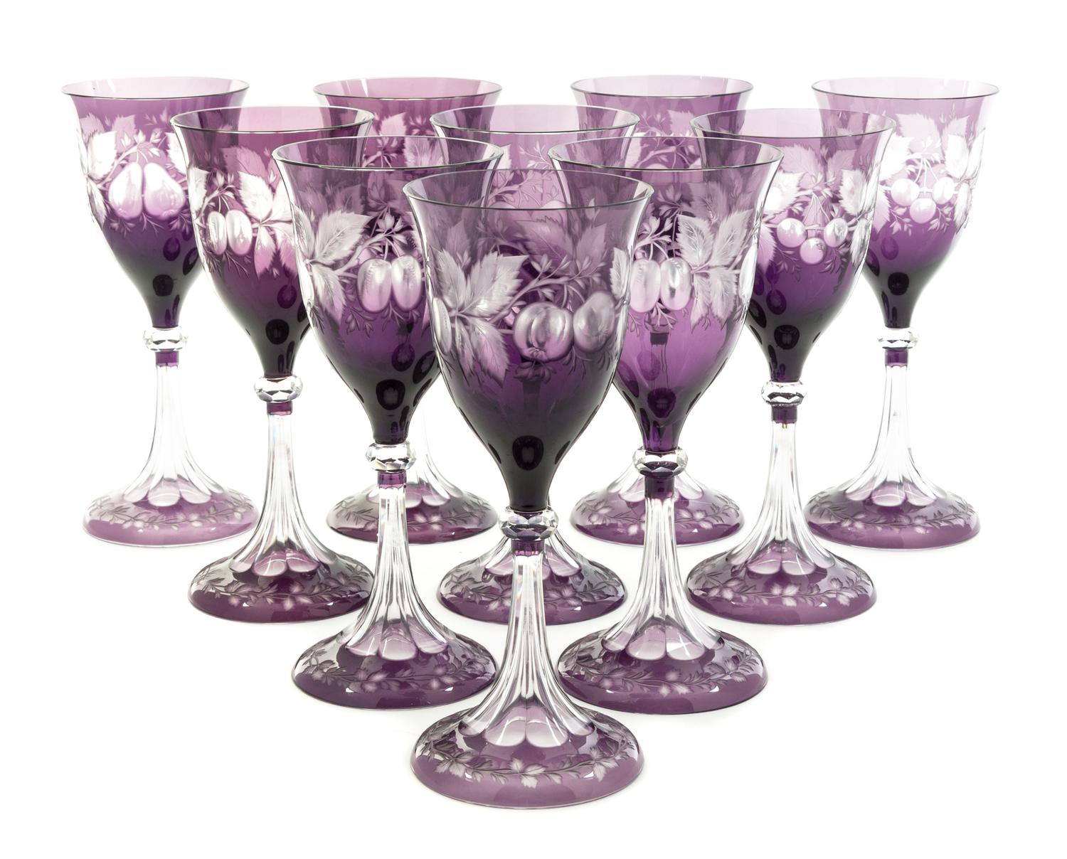 A Set of Fourteen Amethyst Cut to Clear Glass Wine Stems Height 8 1/4 inches.