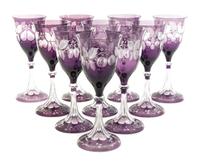 A Set of Fourteen Amethyst Cut to Clear Glass Wine Stems Height 8 1/4 inches.