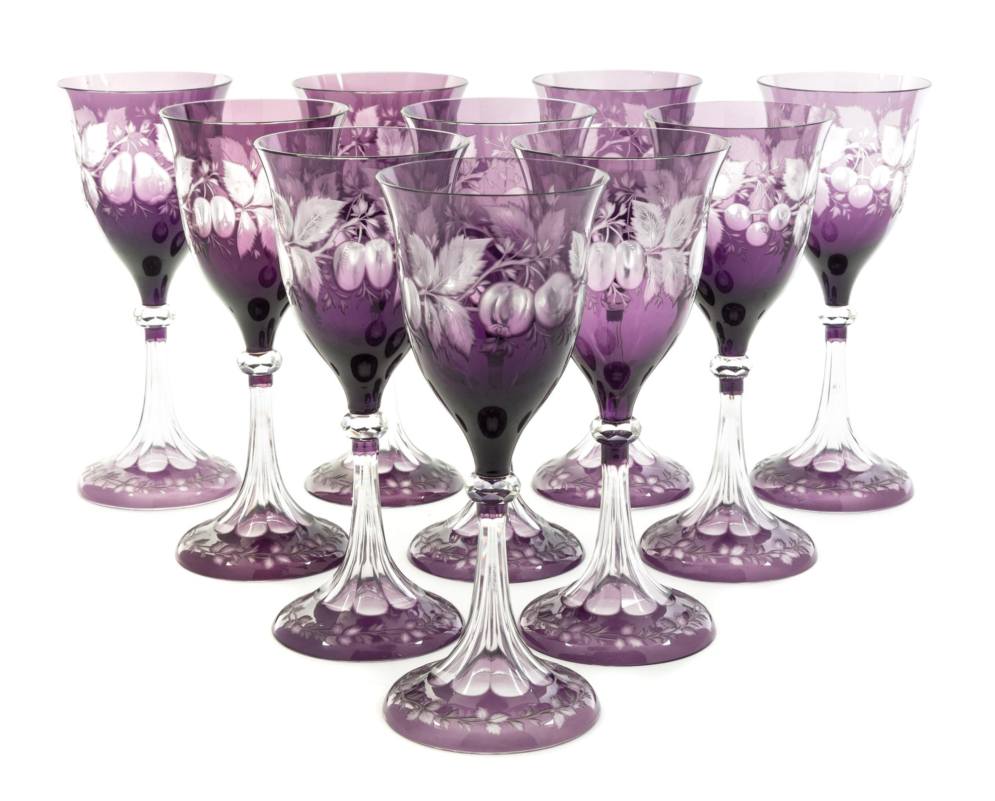 A Set of Fourteen Amethyst Cut to Clear Glass Wine Stems Height 8 1/4 inches.