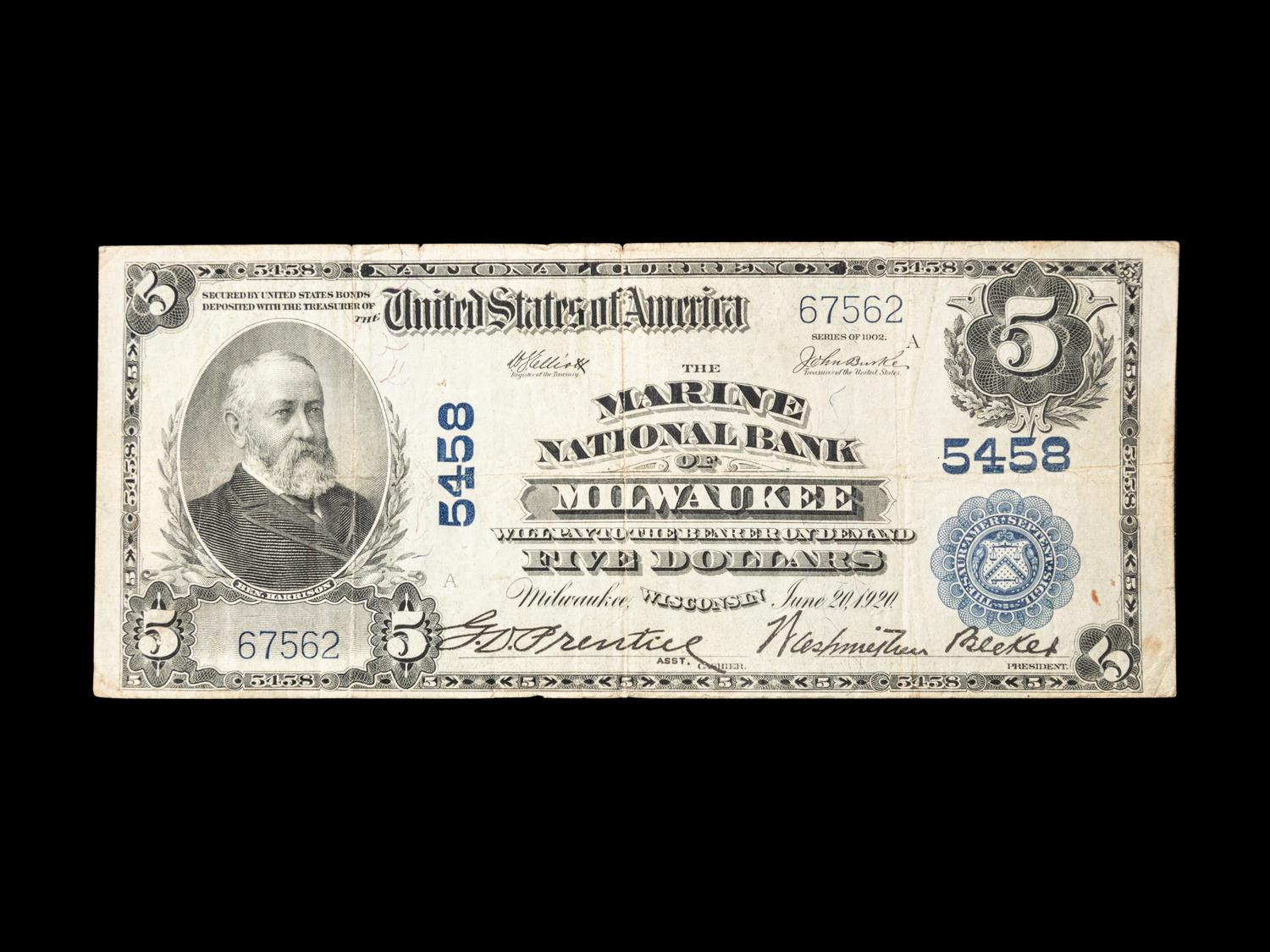 A Series 1902 Marine National Bank of Milwaukee, WI #5458 $5 National Currency Note
