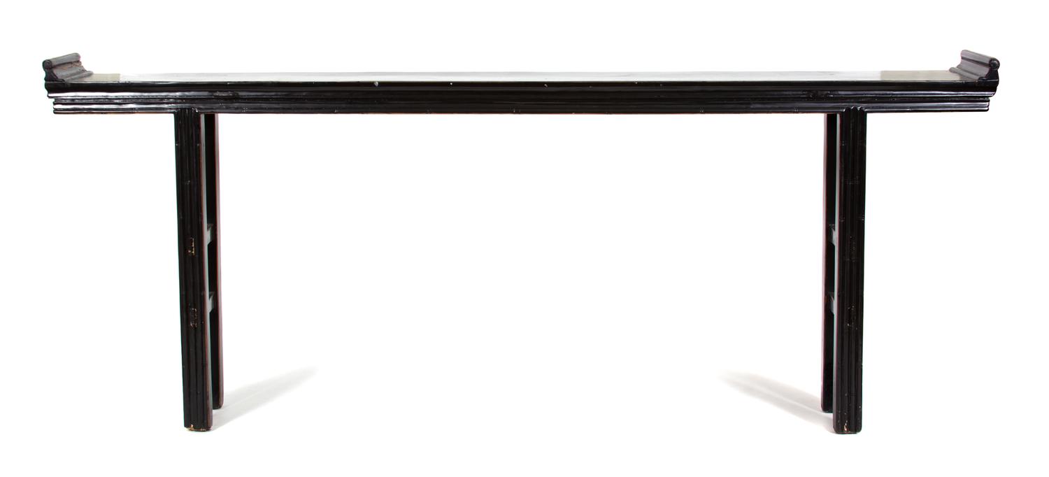 A Chinese Black Lacquered Altar Style Console Table Height 43 x width 104 3/4 x depth 11 1/2 inches. — 20TH CENTURY