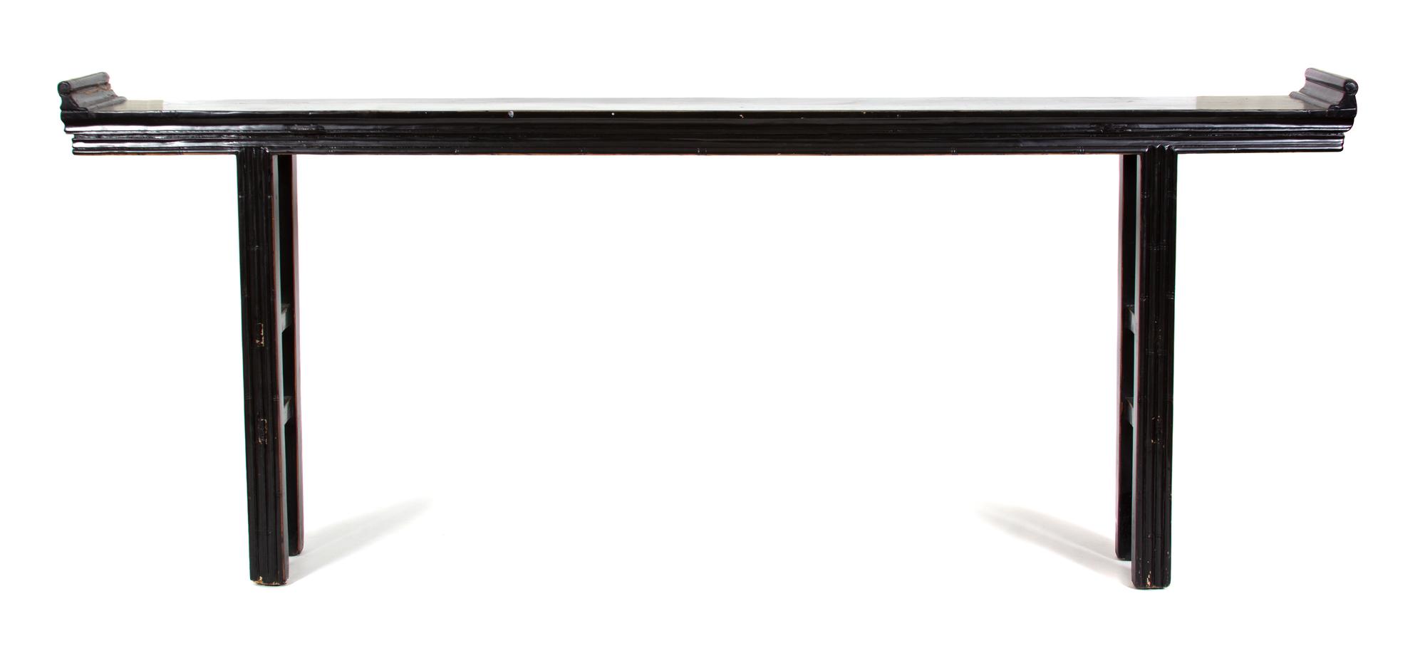 A Chinese Black Lacquered Altar Style Console Table Height 43 x width 104 3/4 x depth 11 1/2 inches. — 20TH CENTURY