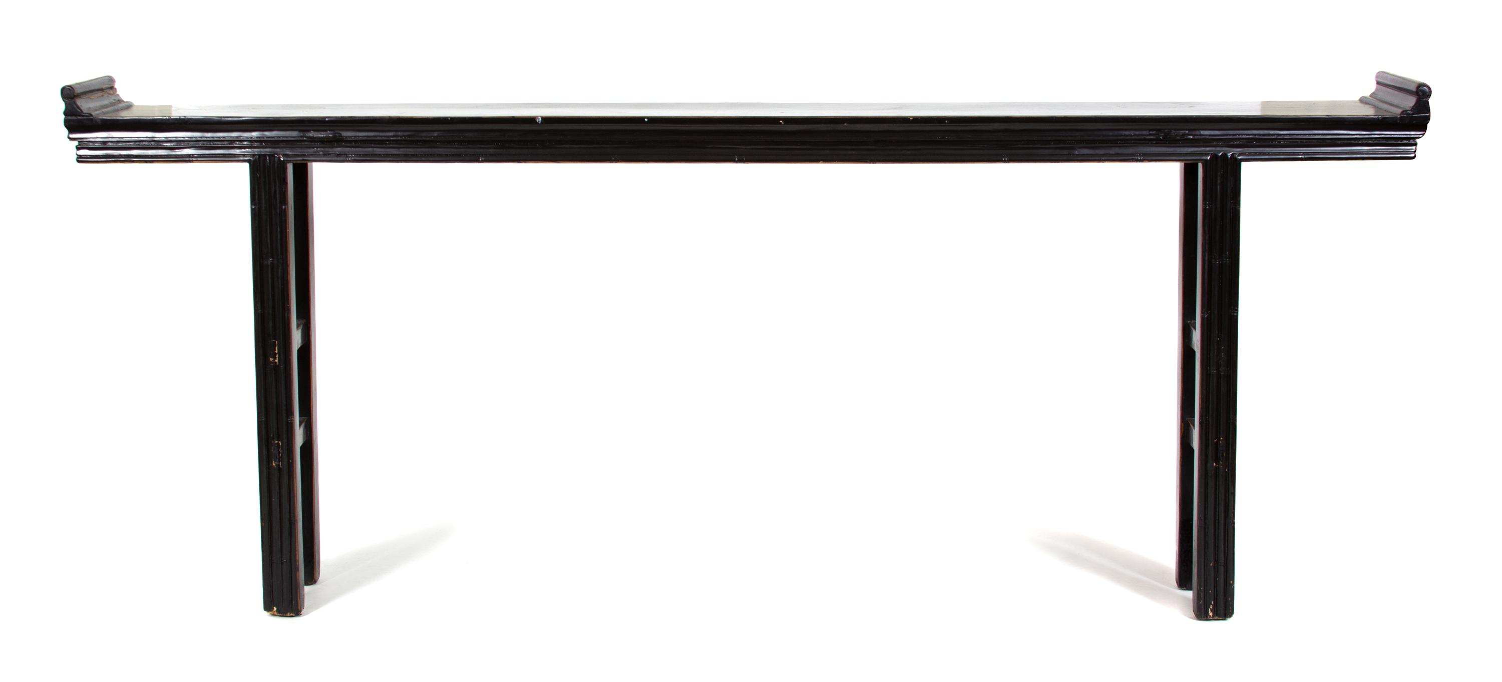 A Chinese Black Lacquered Altar Style Console Table Height 43 x width 104 3/4 x depth 11 1/2 inches. — 20TH CENTURY