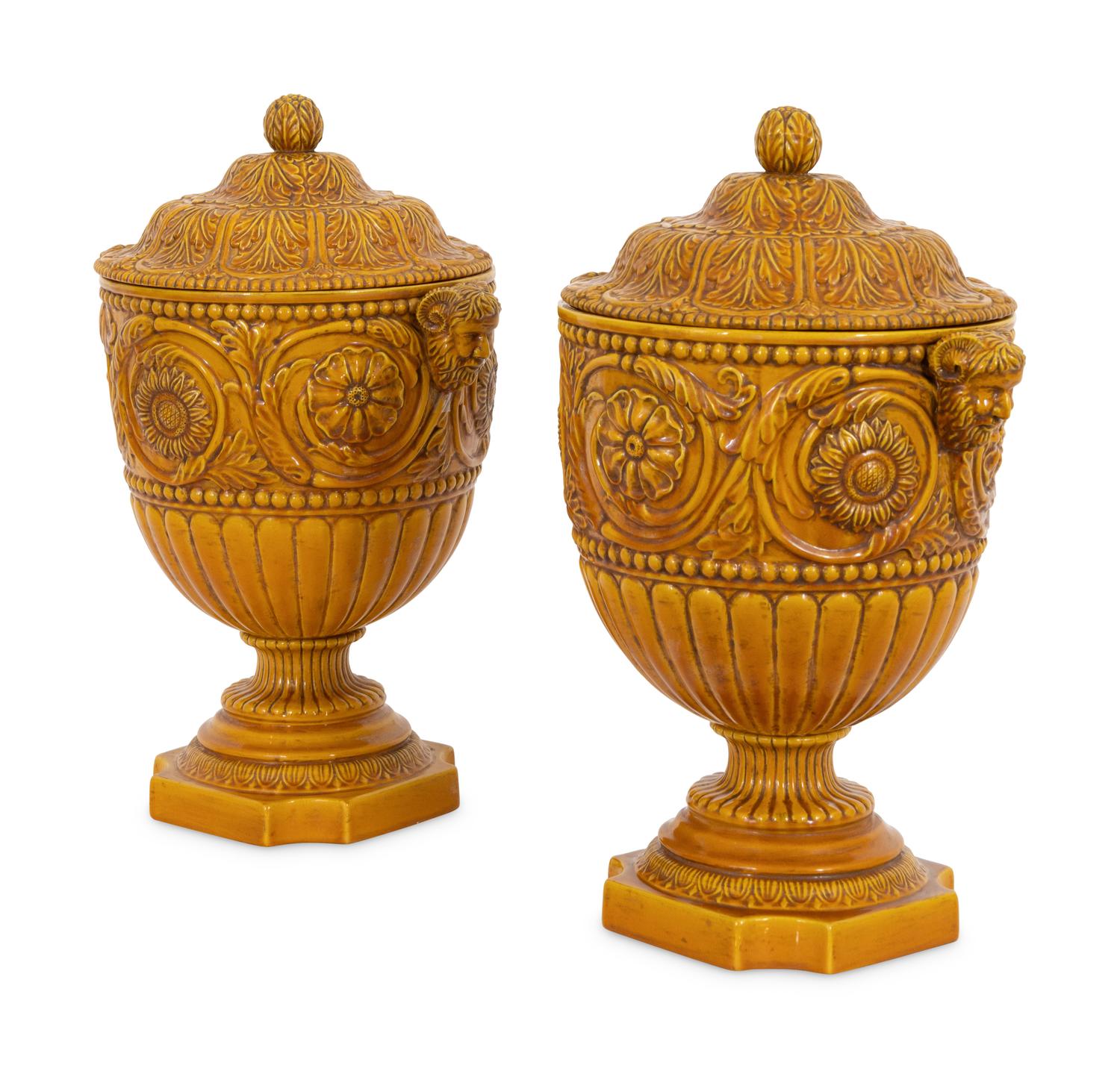 A Pair of Large Italian Saffron Yellow-Glazed Lidded Urns