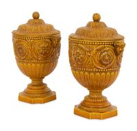 A Pair of Large Italian Saffron Yellow-Glazed Lidded Urns