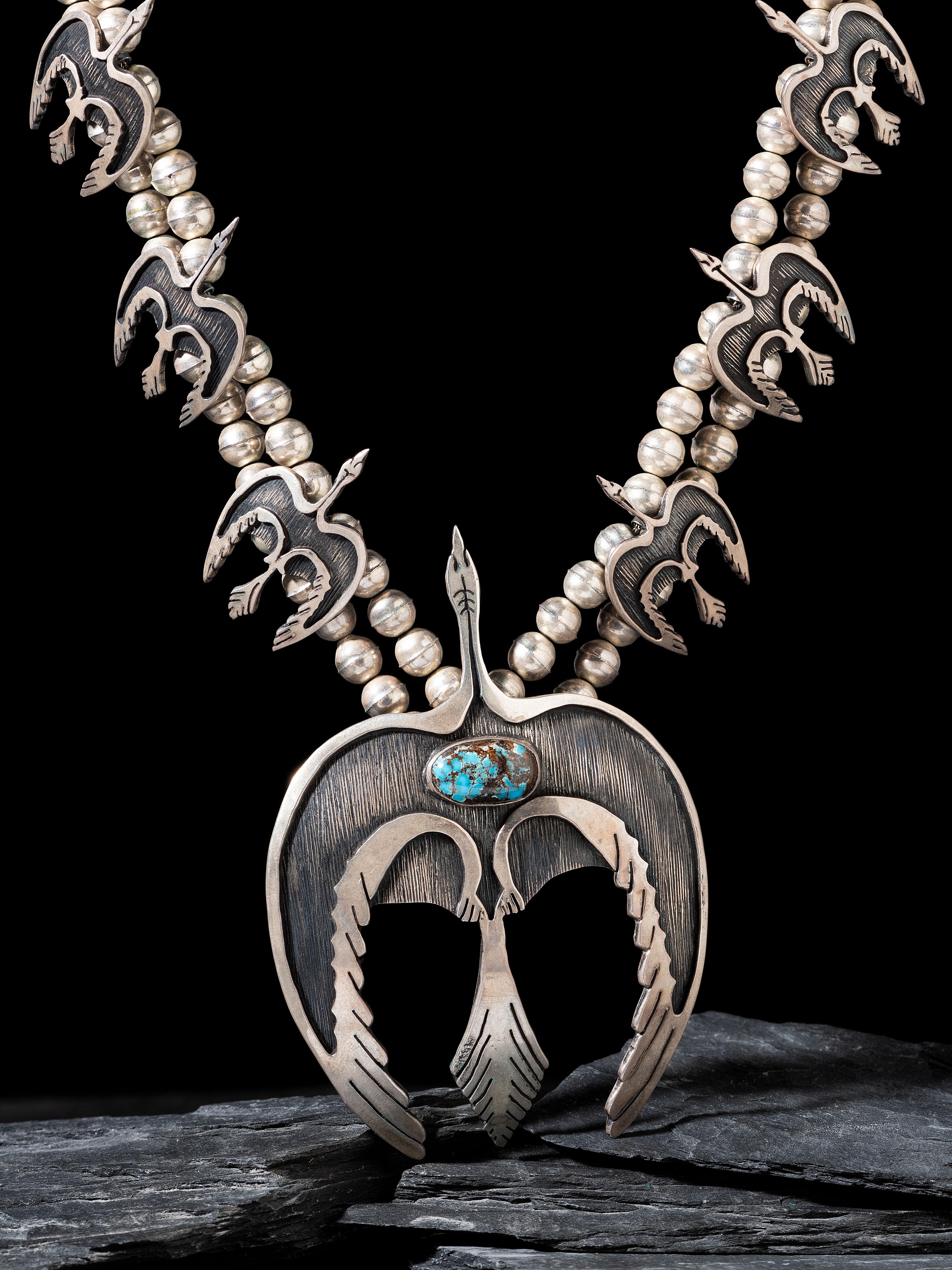Navajo Silver Peyote Bird Squash Blossom Necklace