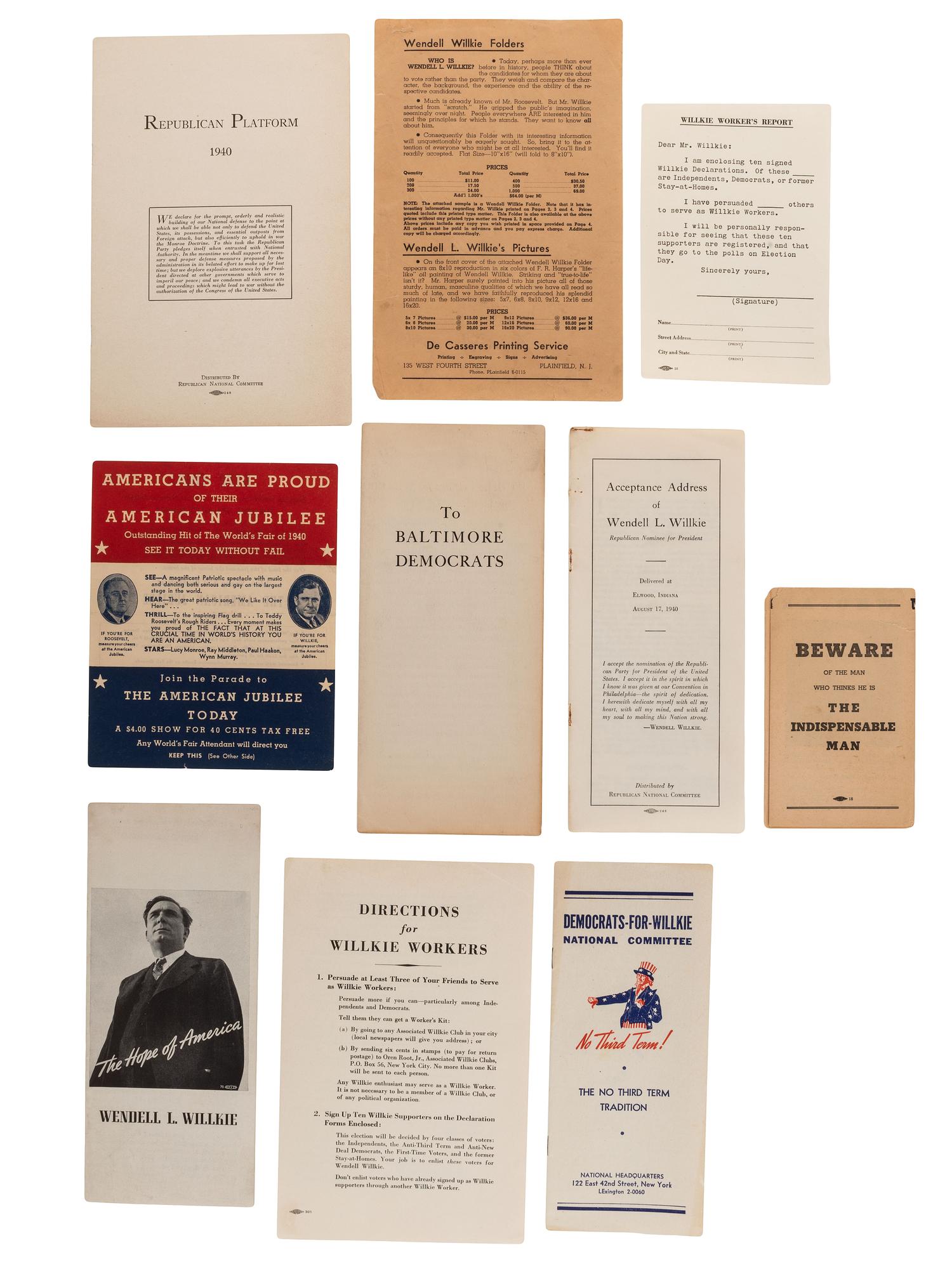 [WILLKIE, Wendell (1892-1944)]. A group of photographs, tickets, publications, sheet music, and other ephemera related Willkie's 1940 presidential nomination and campaign.