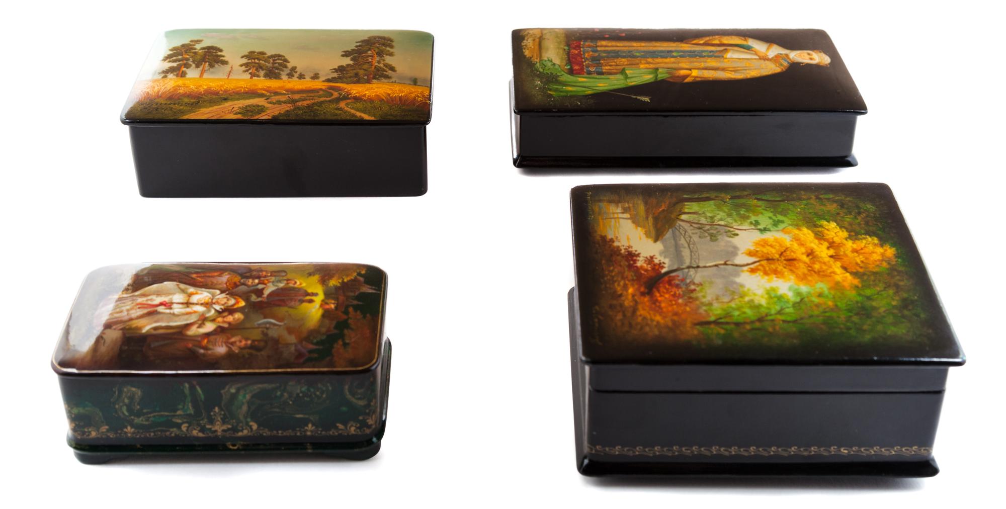 A Group of Four Russian Lacquered Boxes Width of first 5 1/4 inches. — 20TH CENTURY