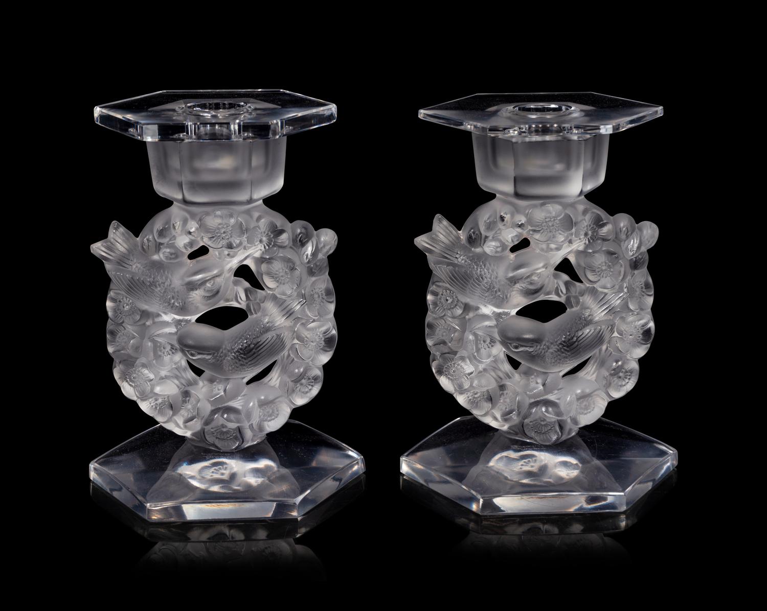 A Pair of Lalique Mesanges Candlesticks with Drip Guards