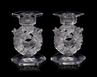 A Pair of Lalique Mesanges Candlesticks with Drip Guards