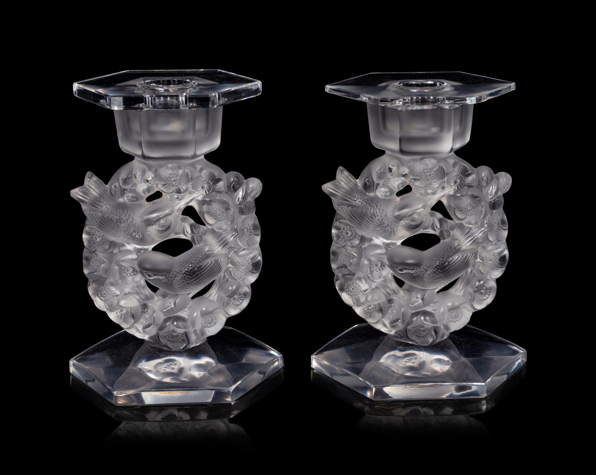 A Pair of Lalique Mesanges Candlesticks with Drip Guards