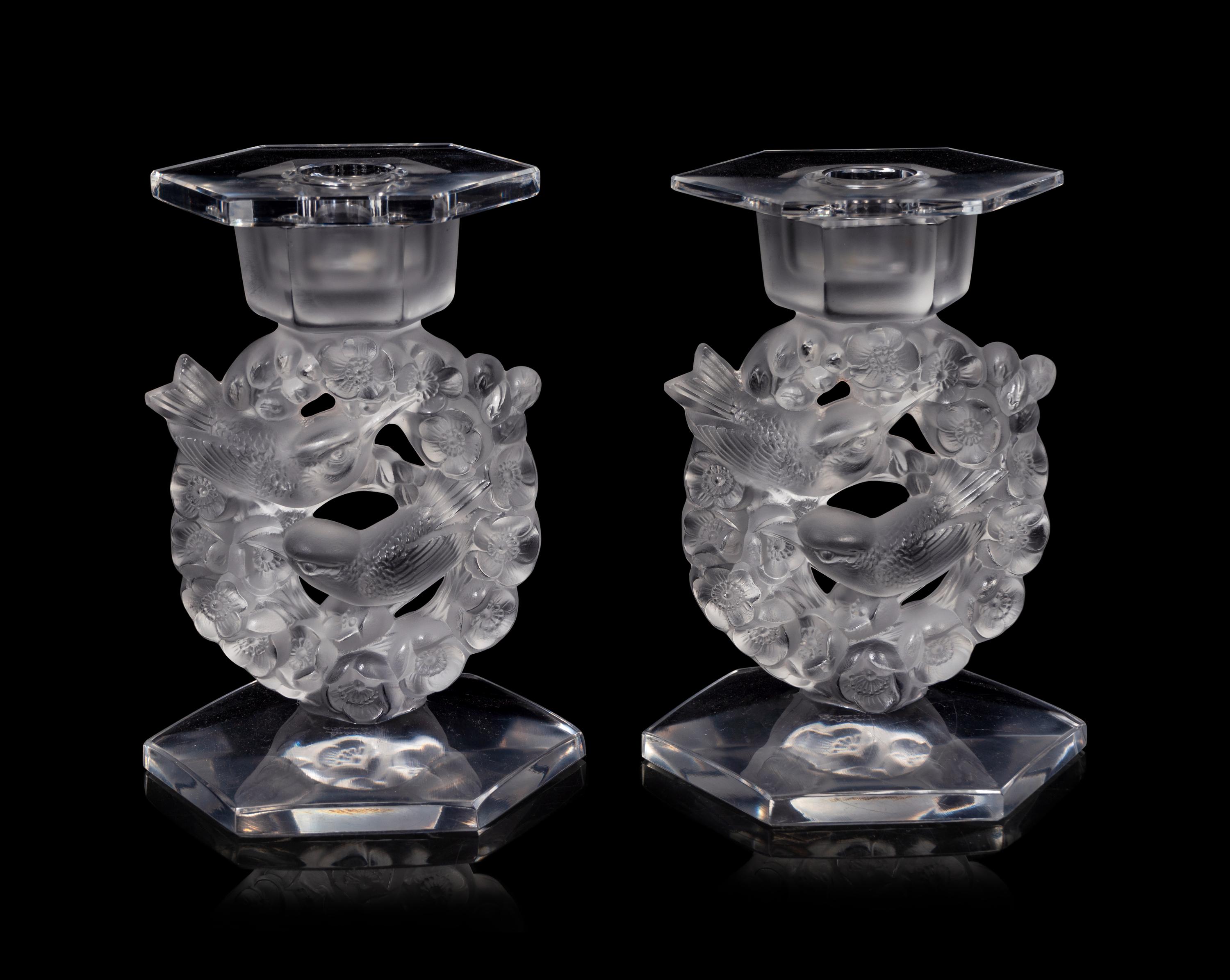 A Pair of Lalique Mesanges Candlesticks with Drip Guards