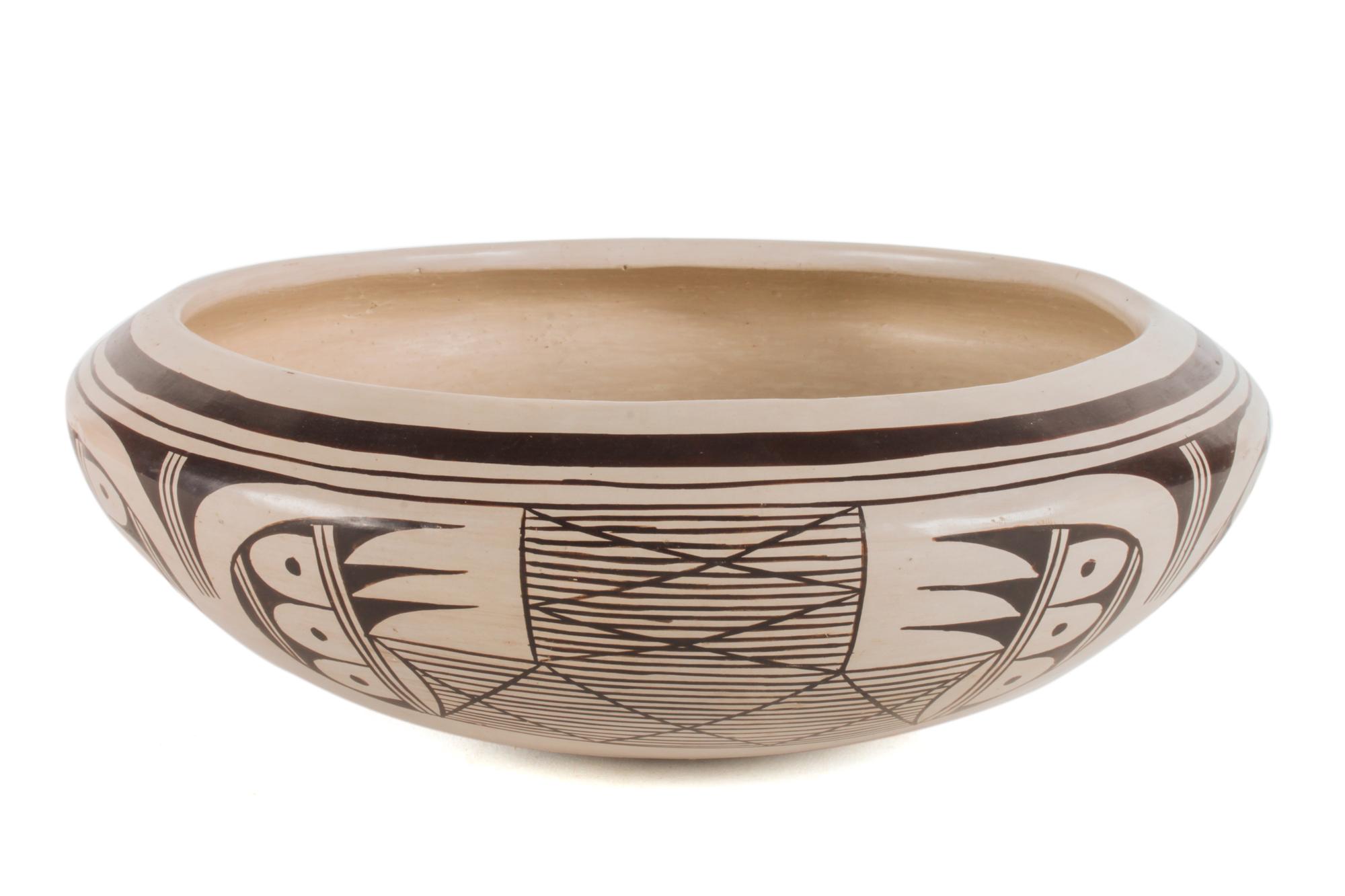 Helen Naha, Feather Woman (Hopi, 1922-1993), Black on White Low Bowl Height 3 3/4 x 10 3/4 inches