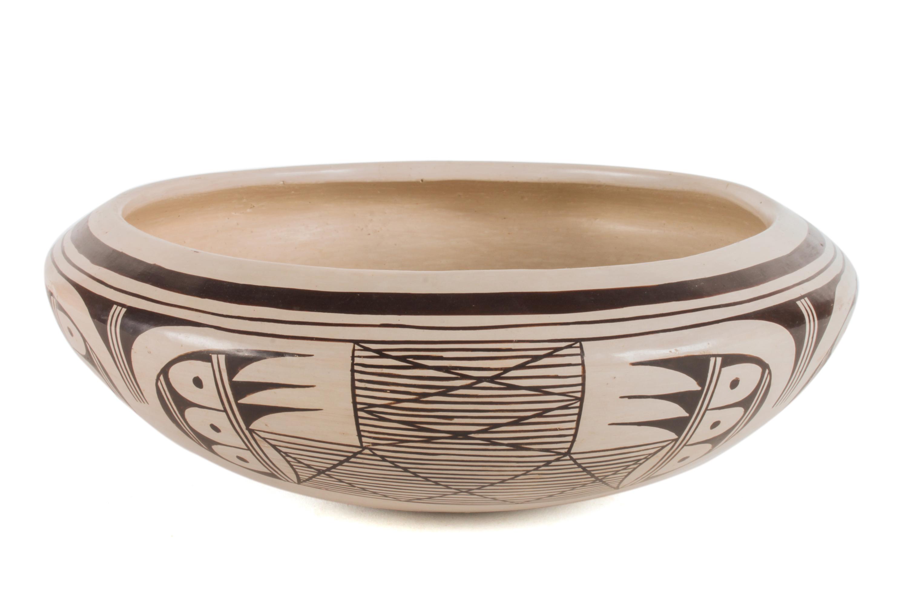 Helen Naha, Feather Woman (Hopi, 1922-1993), Black on White Low Bowl Height 3 3/4 x 10 3/4 inches