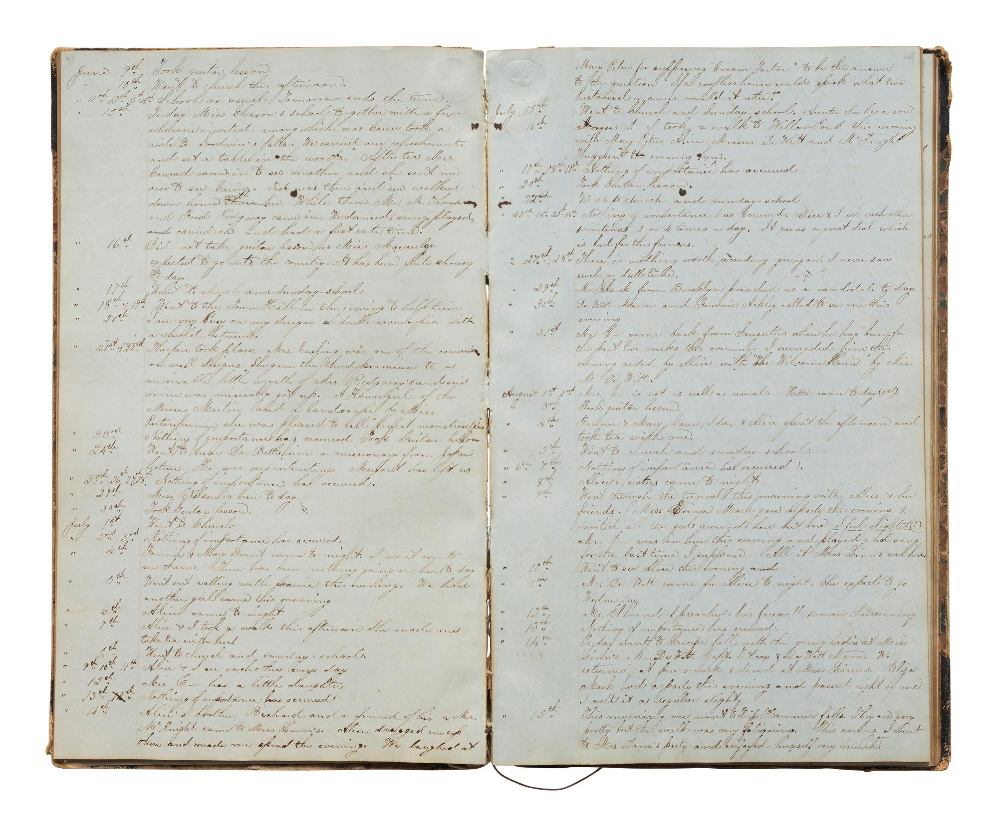 America in Manuscript Diary of Miss Louise St. John (1839-1938), including description of a visit to meet the Lincolns at the White House. Ithaca and New York City, New York, 1852-1867.