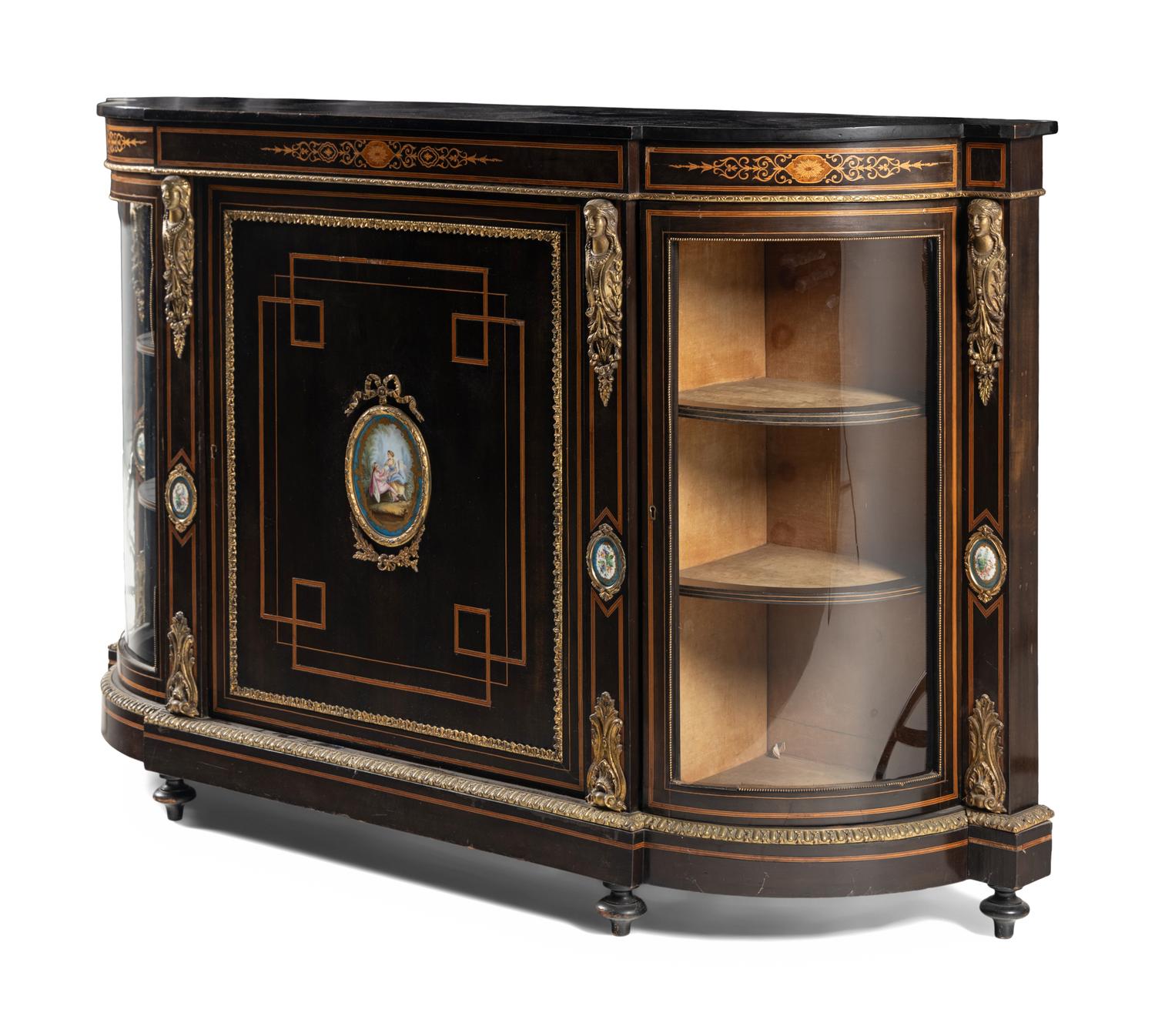 A Napoleon III Style Porcelain-Inset and Gilt Bronze Mounted Console Cabinet