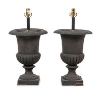 A Pair of Painted Cast Iron Garden Urns Mounted as Lamps