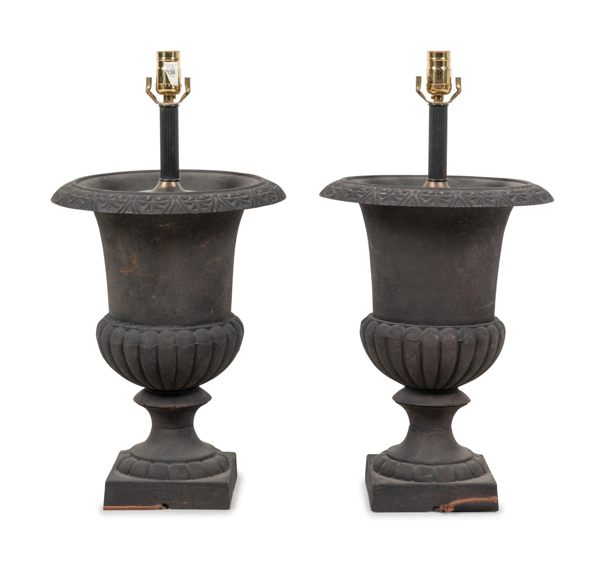 A Pair of Painted Cast Iron Garden Urns Mounted as Lamps