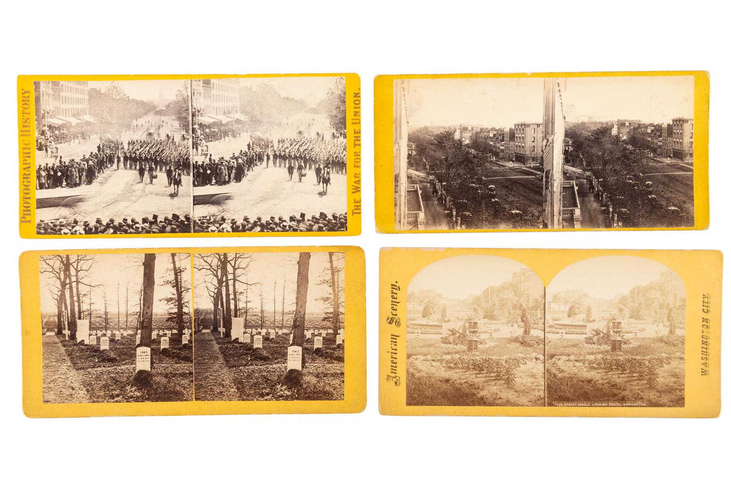 [CIVIL WAR]. A group of 38 stereoviews, highlighted by images of the Grand Review at Washington, DC, the National Cemetery and other locations in Arlington, VA, and later aviation views.