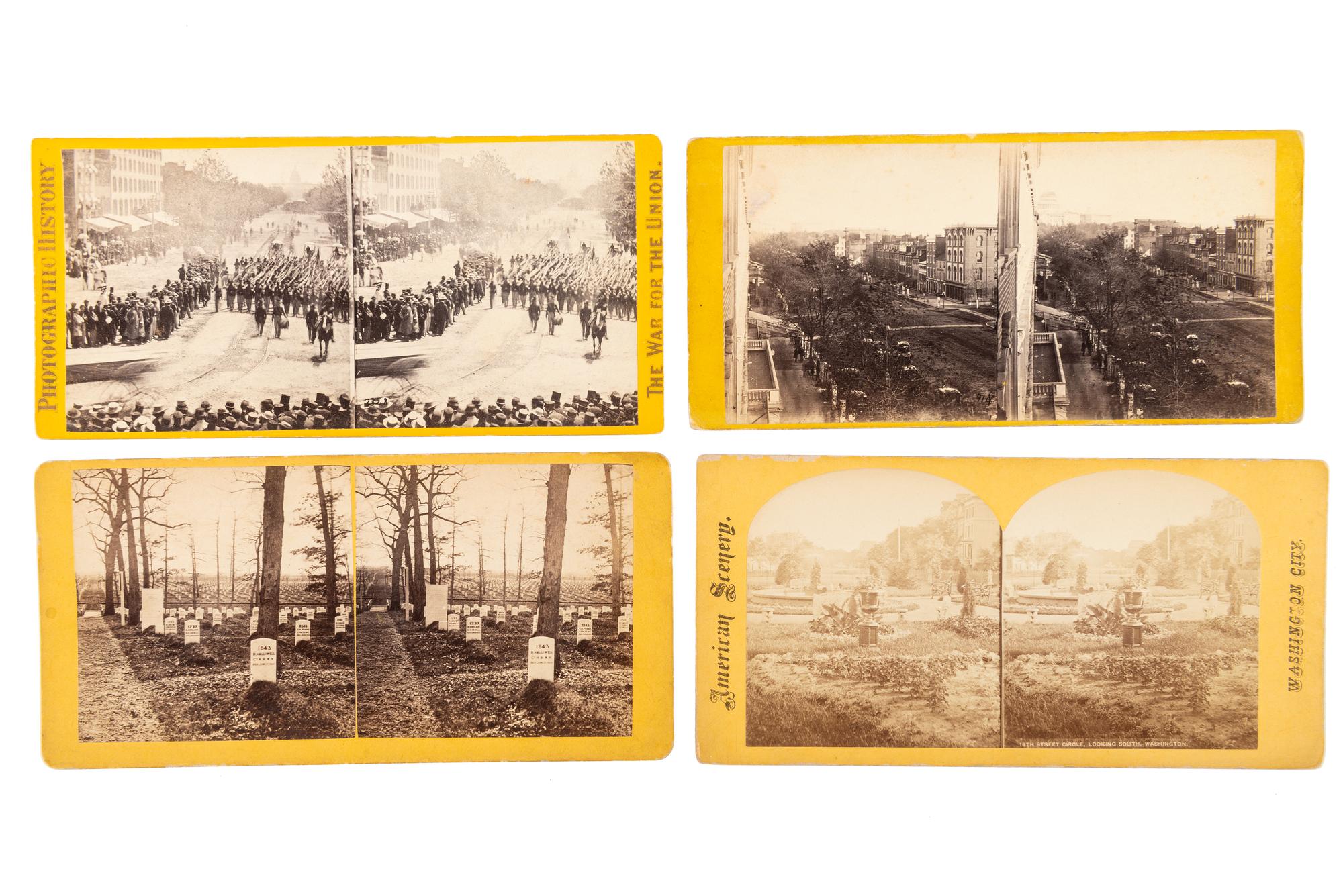 [CIVIL WAR]. A group of 38 stereoviews, highlighted by images of the Grand Review at Washington, DC, the National Cemetery and other locations in Arlington, VA, and later aviation views.
