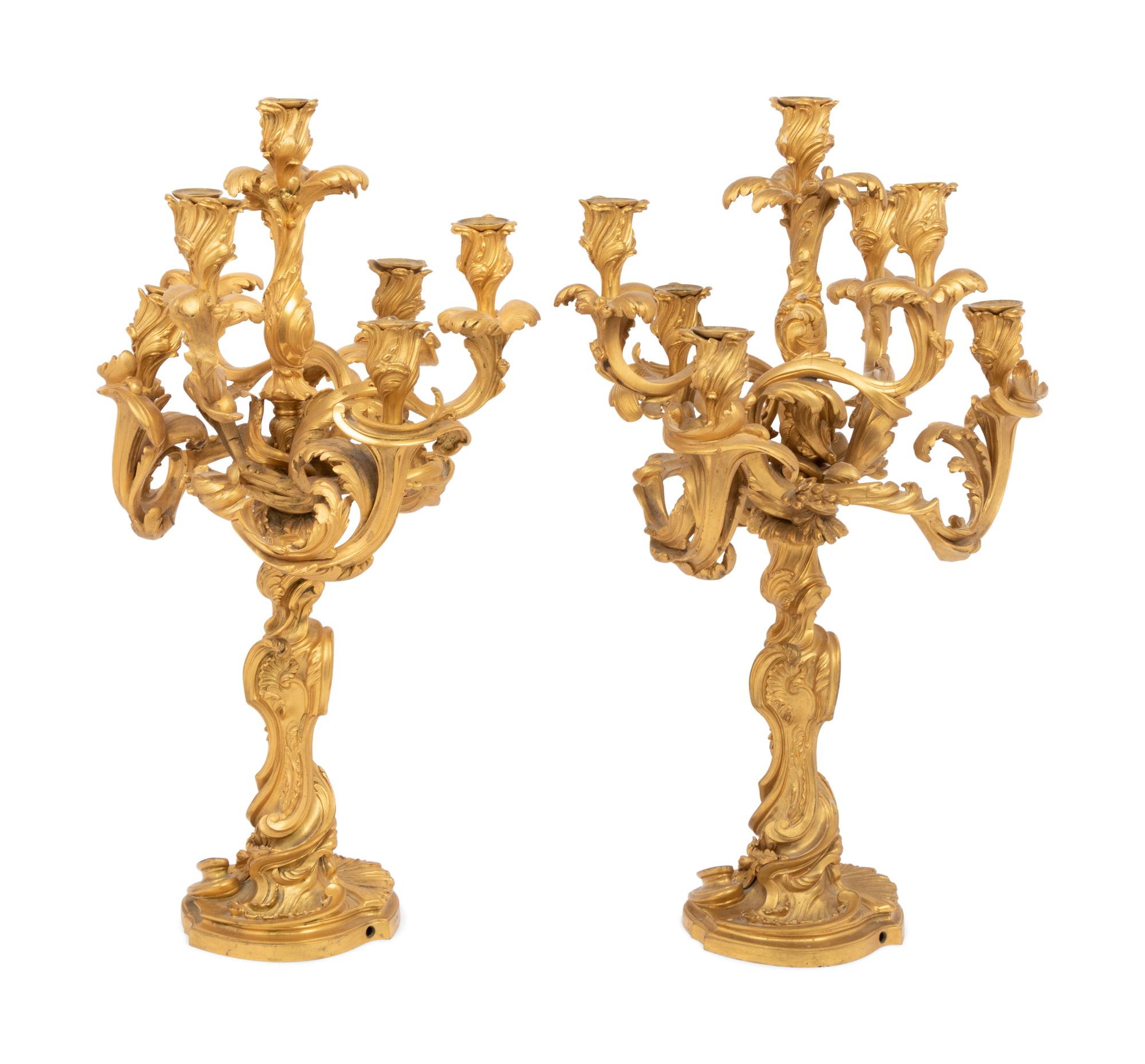 A Pair of Louis XV Style Gilt Bronze Seven-Light Candelabra