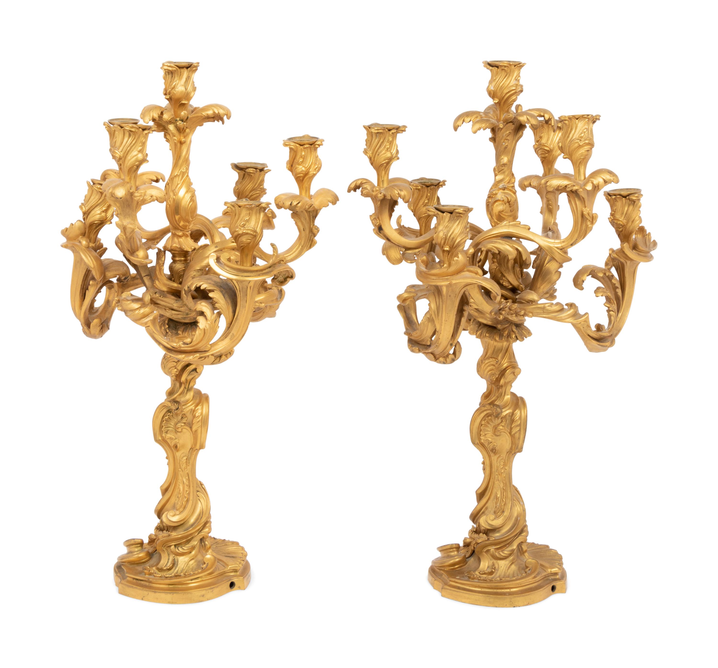 A Pair of Louis XV Style Gilt Bronze Seven-Light Candelabra
