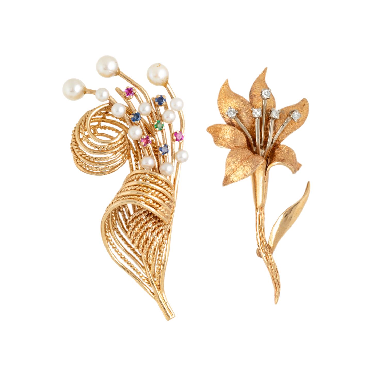 TWO YELLOW GOLD AND GEMSTONE BROOCHES