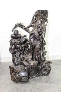 A Japanese Carved Wood Figural Group Height 41 inches.