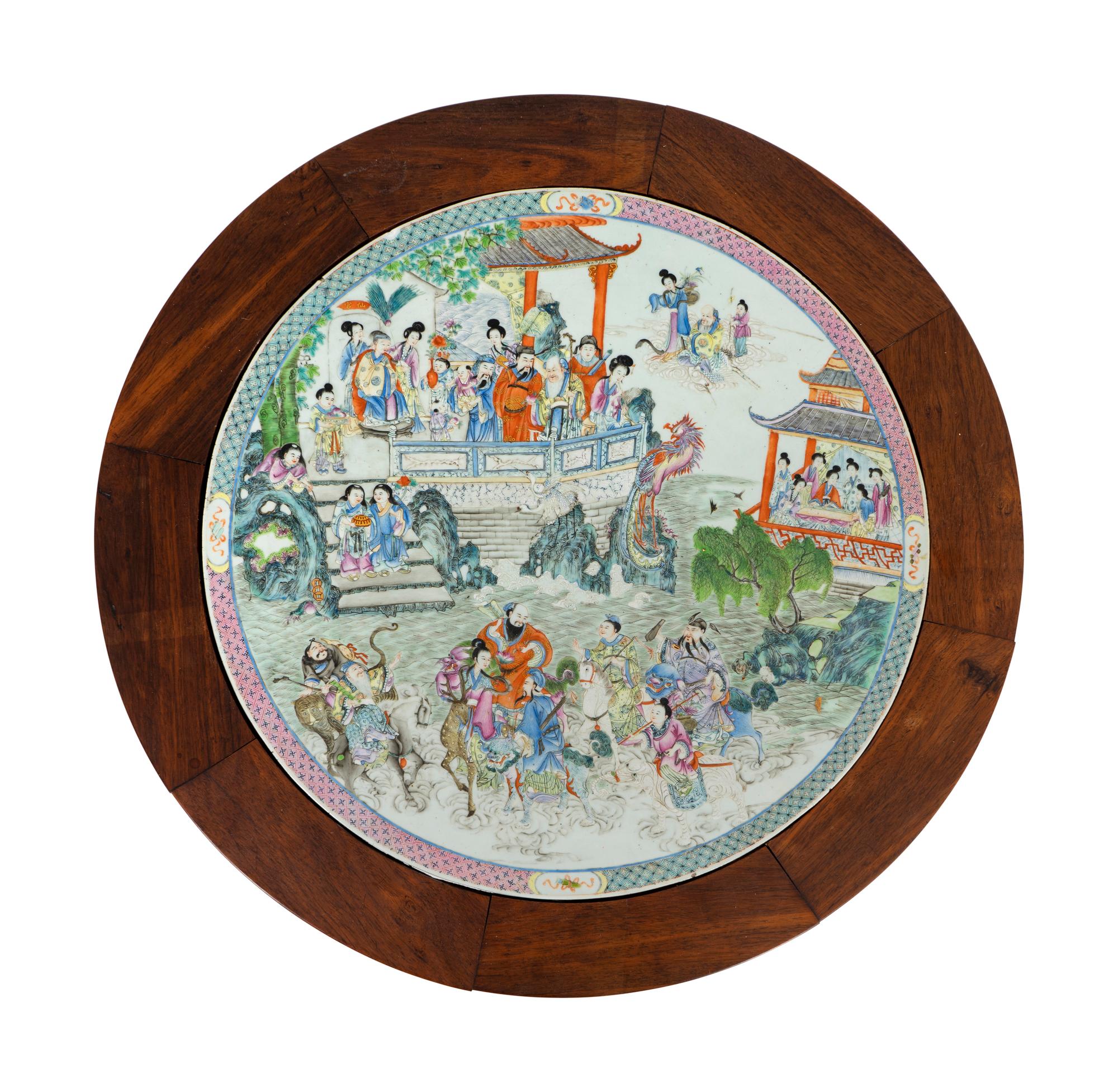 A Chinese Carved Rosewood Center Table with Famille Verte Porcelain Inset Top — LATE 19TH/EARLY 20TH CENTURY