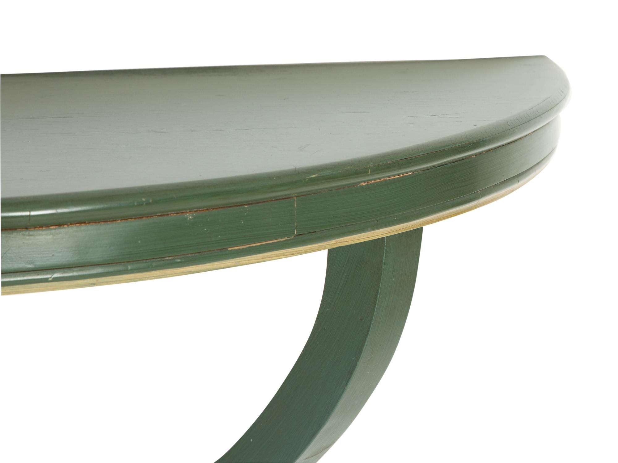 A Pair of Green-Painted Demilune Console Tables by Jessup