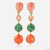 A Pair of 18K Yellow Gold, Jade, and Coral Earrings