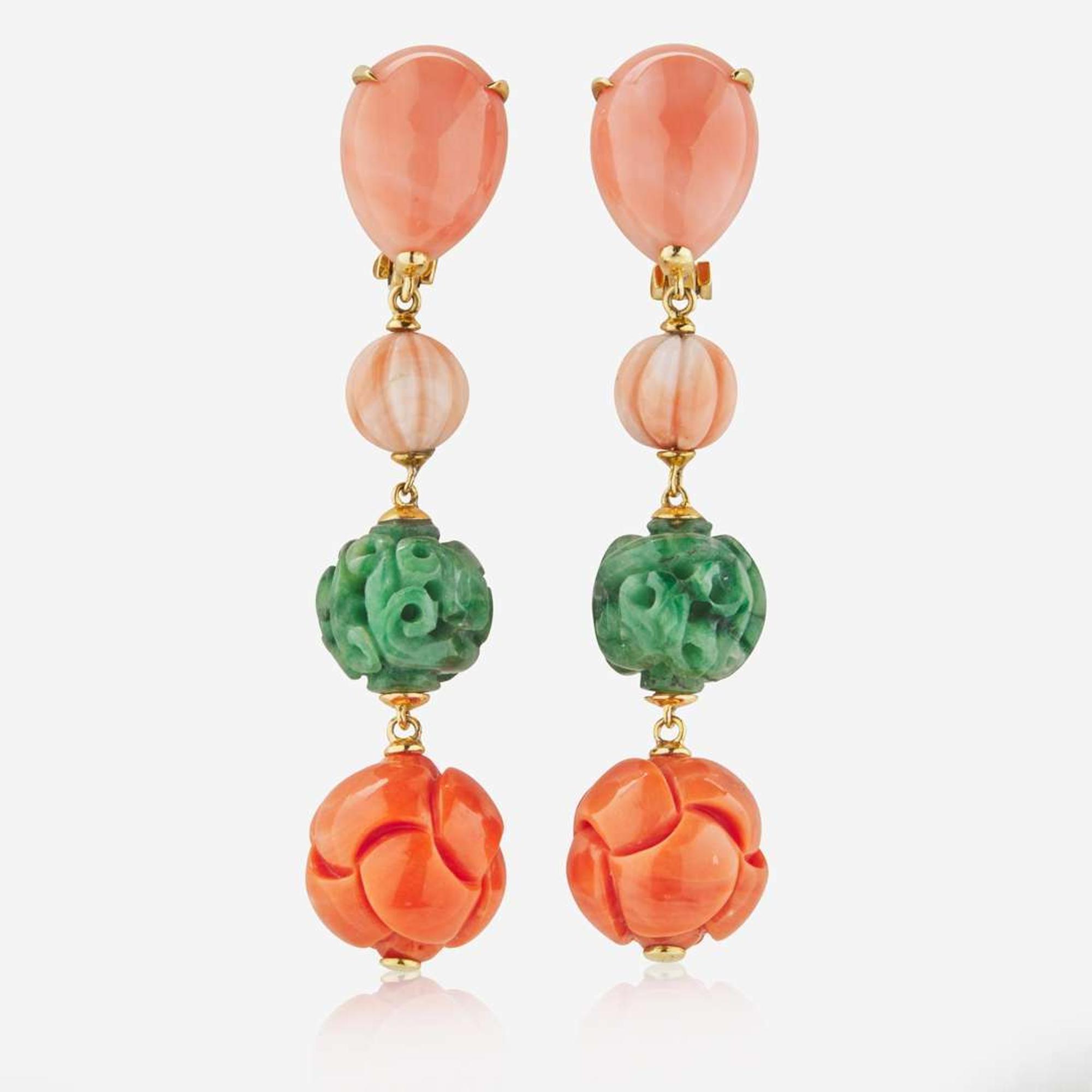 A Pair of 18K Yellow Gold, Jade, and Coral Earrings