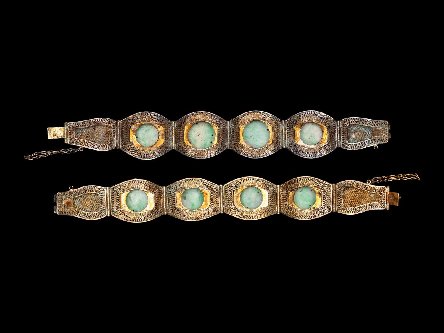 A Pair of Chinese Jadeite Inset Enameled Filigree Bracelets