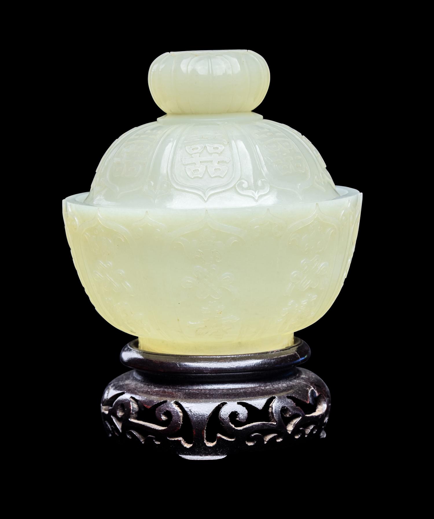 A Chinese Pale Celadon Jade 'Fu Lu Shou' Bowl and Cover