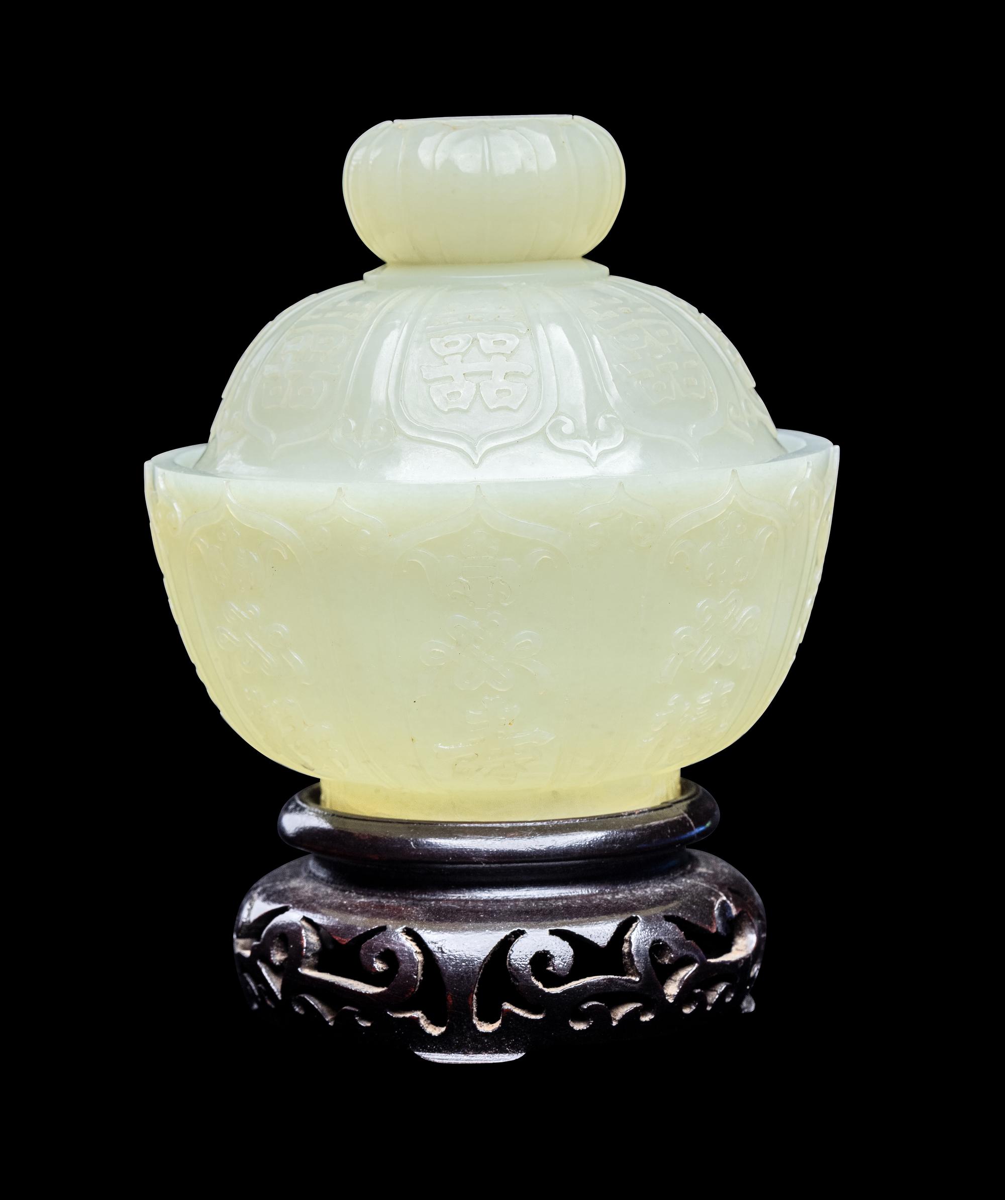 A Chinese Pale Celadon Jade 'Fu Lu Shou' Bowl and Cover