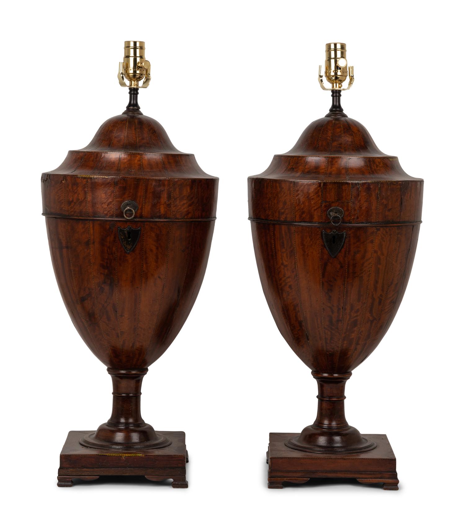 A Pair of English Mahogany Cutlery Urns Mounted as Lamps