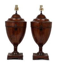 A Pair of English Mahogany Cutlery Urns Mounted as Lamps